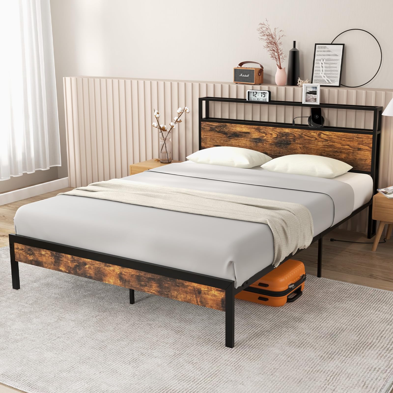 KOMFOTT Industrial Bed Frame with 2-Tier Storage Headboard & Charging Station