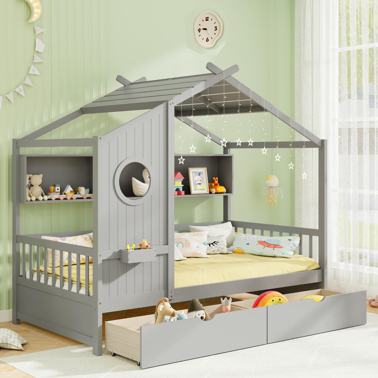 KOMFOTT Twin Size Wood House Bed with 2 Drawers(Twin with Drawers)