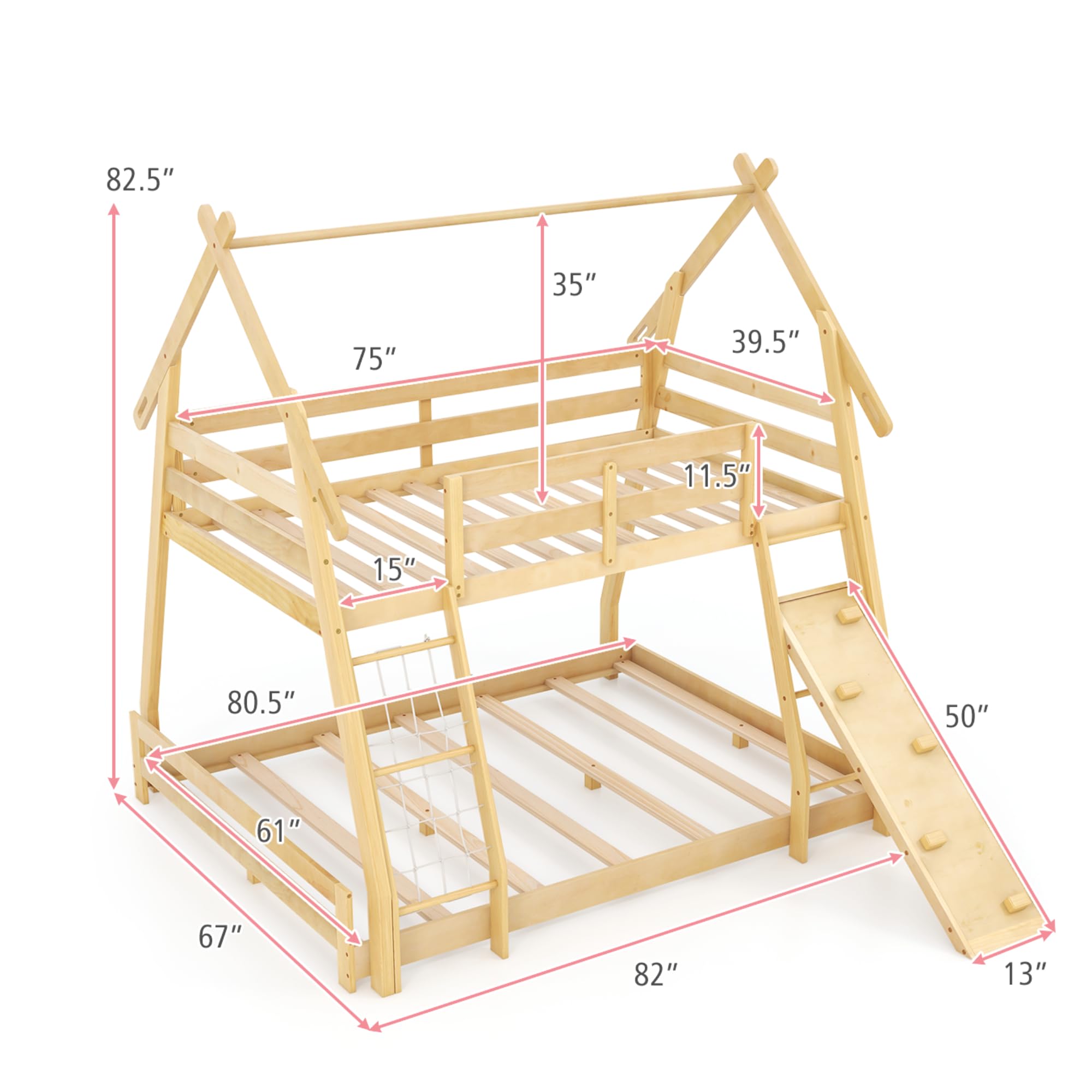 KOMFOTT Wood Twin Over Queen House Bunk Bed with Climbing Nets & Ramp