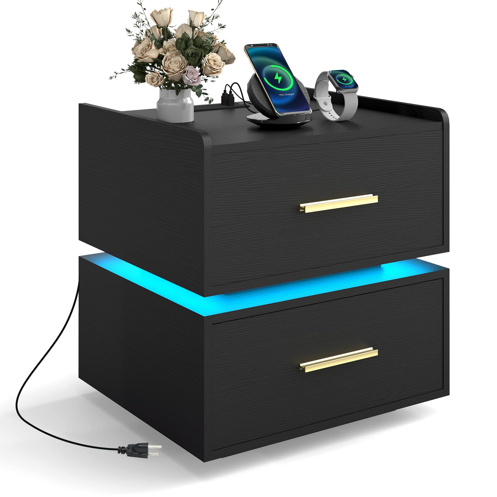 KOMFOTT Nightstand with Charging Station Set of 1/2 LED Bedside Table