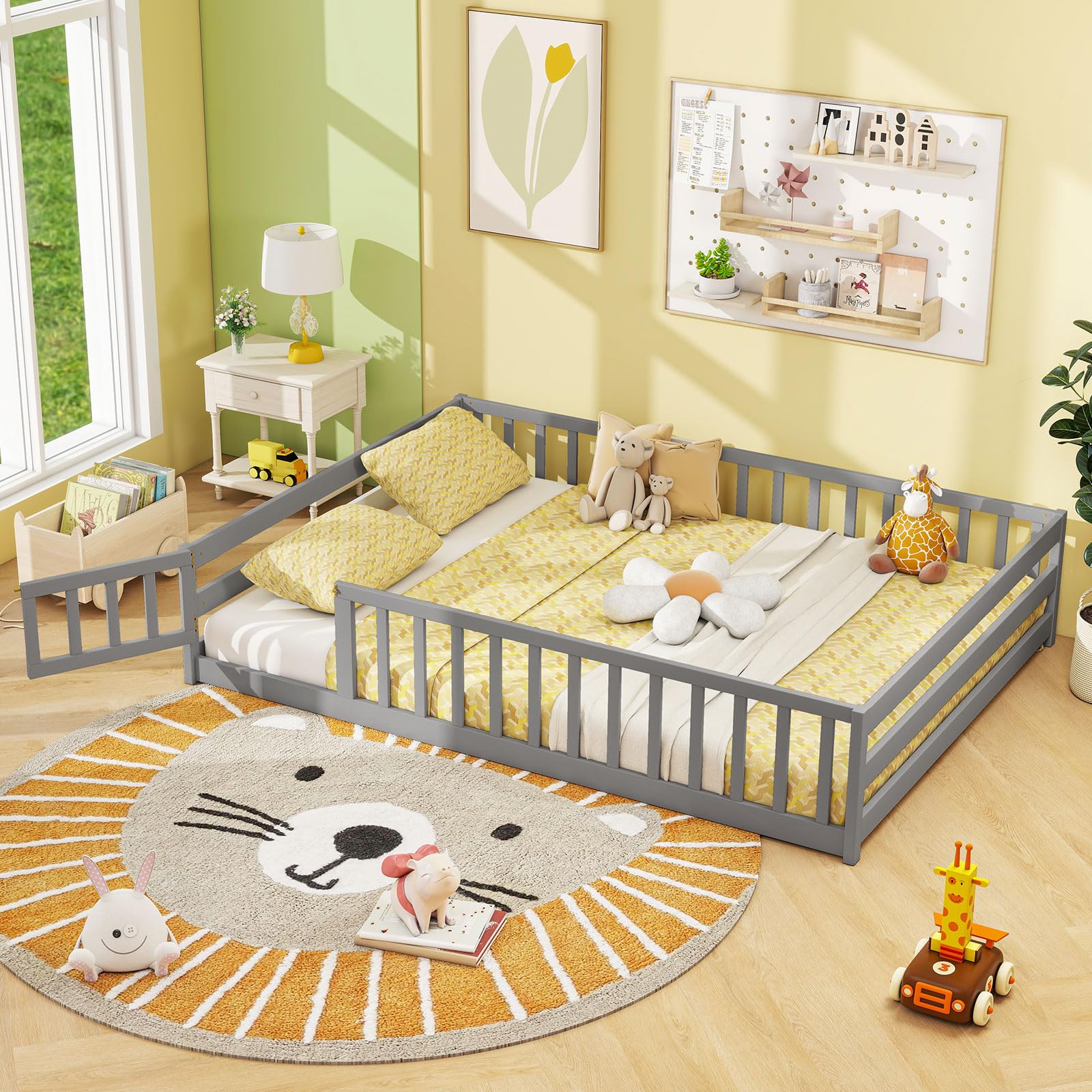 KOMFOTT Twin Floor Bed with Door & Fence, Kids Wood Montessori Bed with Safety Guardrails