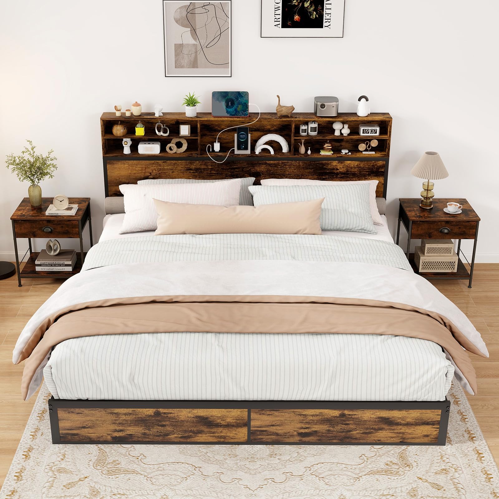 KOMFOTT Metal Platform Bed Frame with Storage Headboard & Charging Station