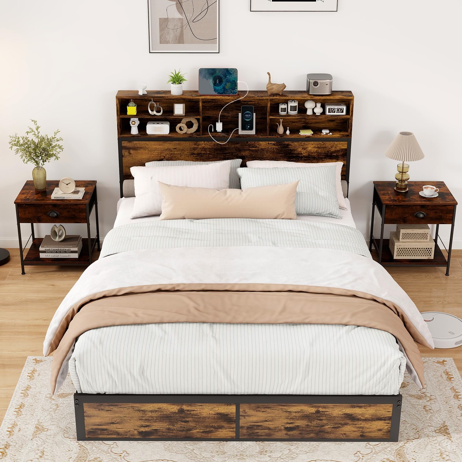 KOMFOTT Metal Platform Bed Frame with Storage Headboard & Charging Station