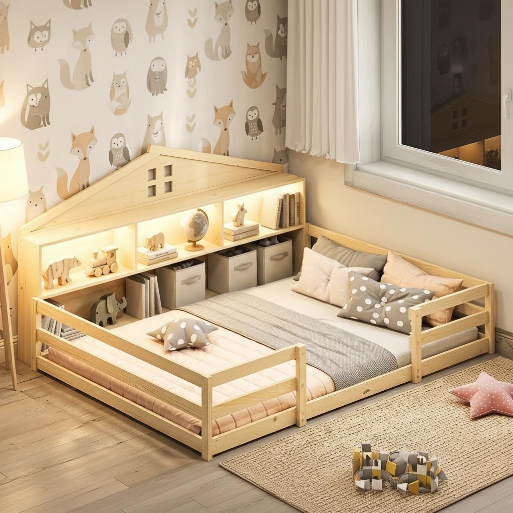 KOMFOTT Twin/Full Floor Bed with Bookcase & LED Light & Fence