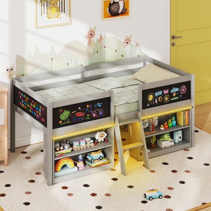 KOMFOTT Twin Size Low Loft Bed with LED Lights