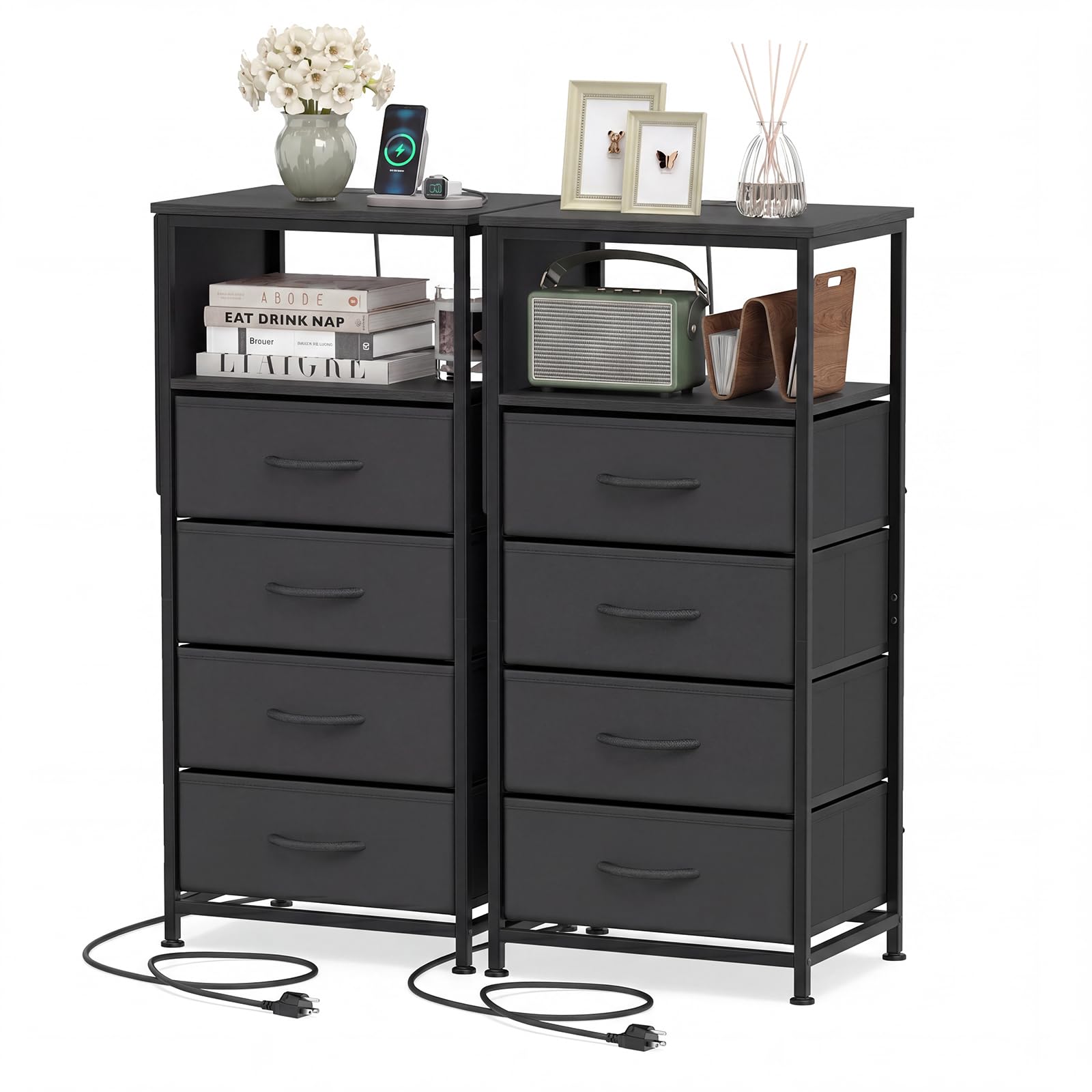 KOMFOTT 1/2 Nightstand with Integrated Charging Station 34" Tall Modern End Table(4 Drawers)
