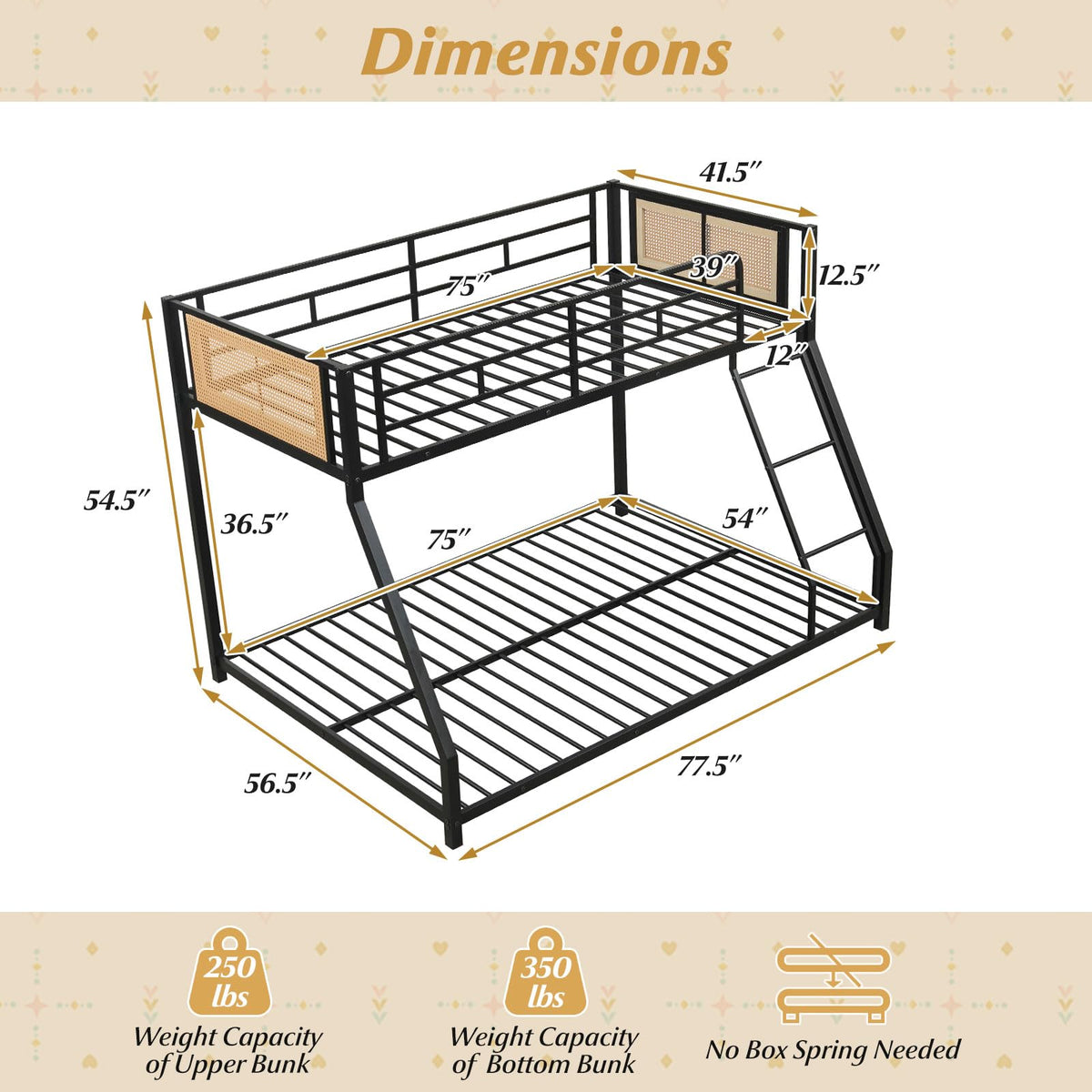 KOMFOTT Metal Bunk Bed Twin Over Full Low Profile Boho Rattan Bunk Bed