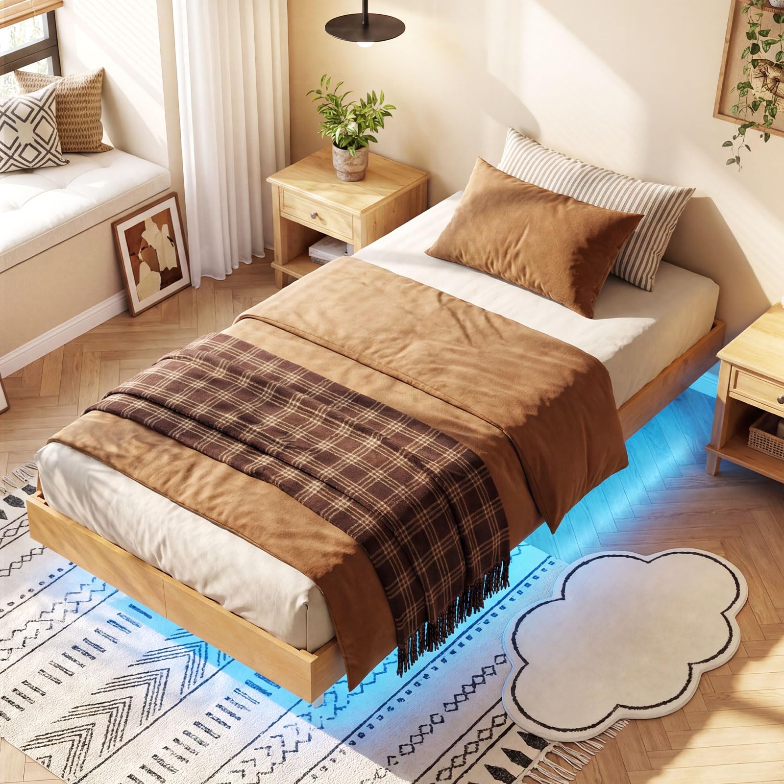 KOMFOTT Queen/Full/Twin Size Wood Floating Bed Frame with LED Lights