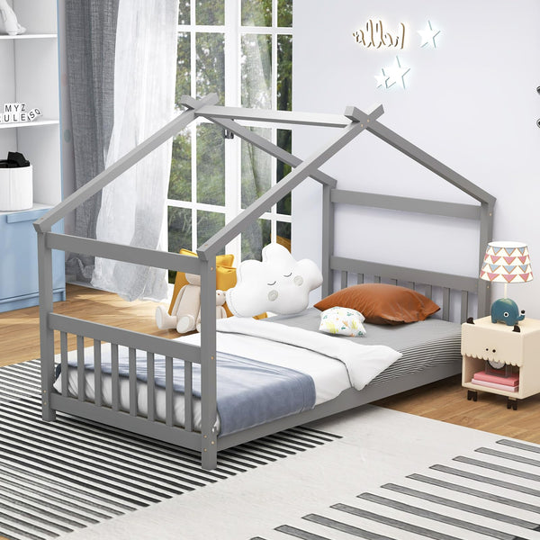 KOMFOTT Twin Wood House Bed for Kids, Low Profile Floor Bed Frame with Roof