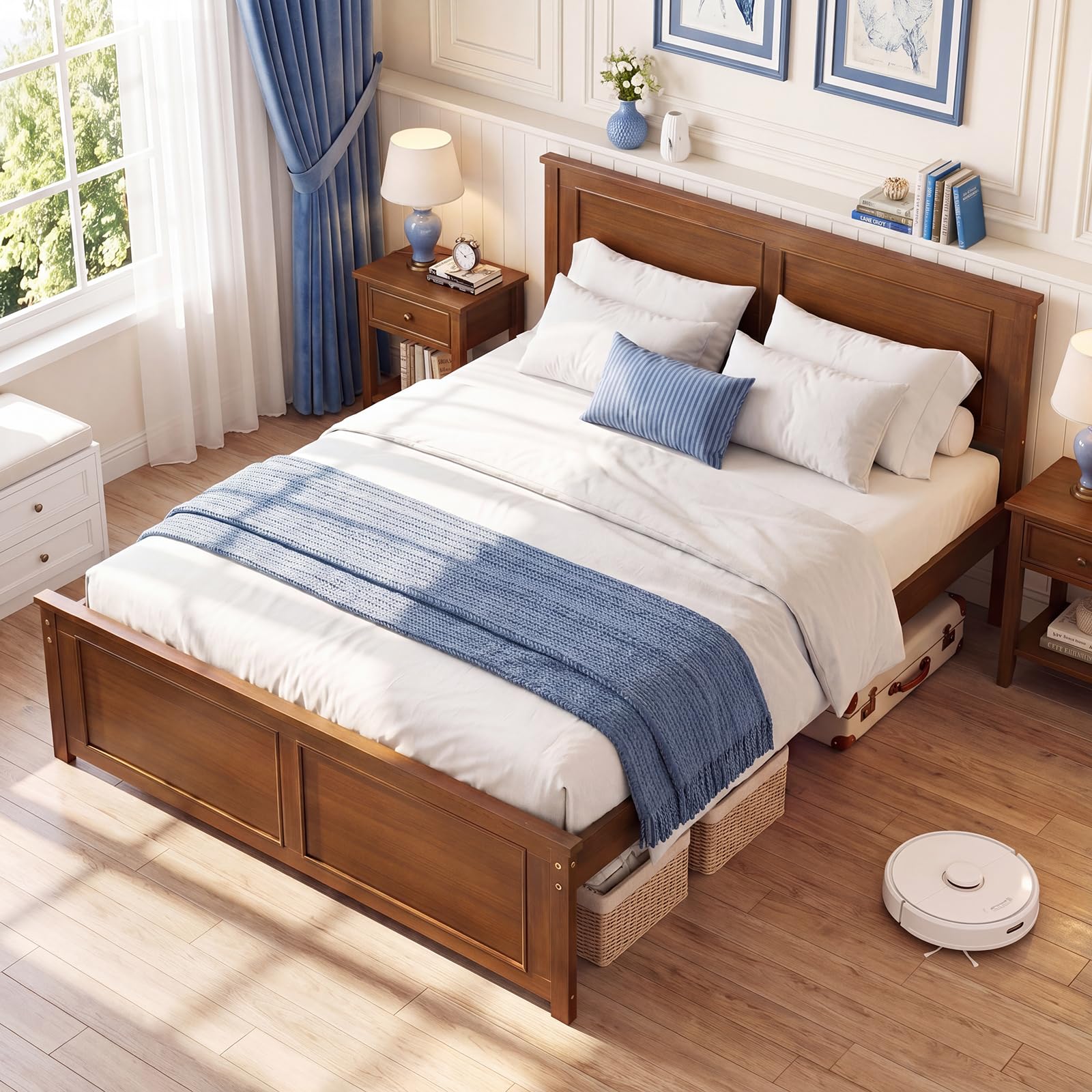 KOMFOTT Full Size Bed Frame Farmhouse Wooden Platform Bed