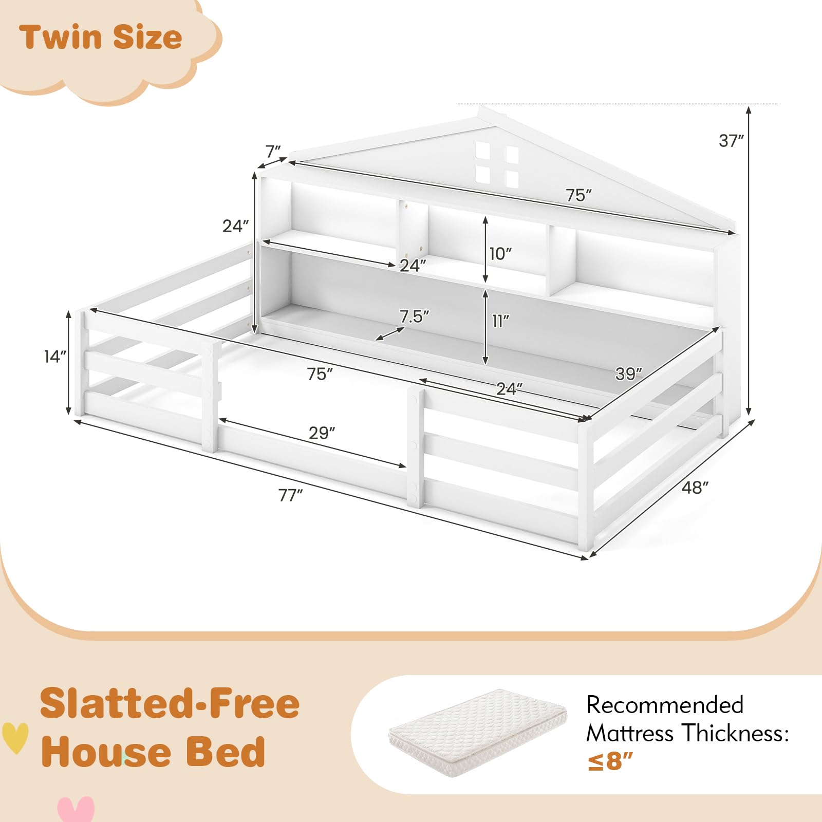 KOMFOTT Twin/Full Floor Bed with Bookcase & LED Light & Fence