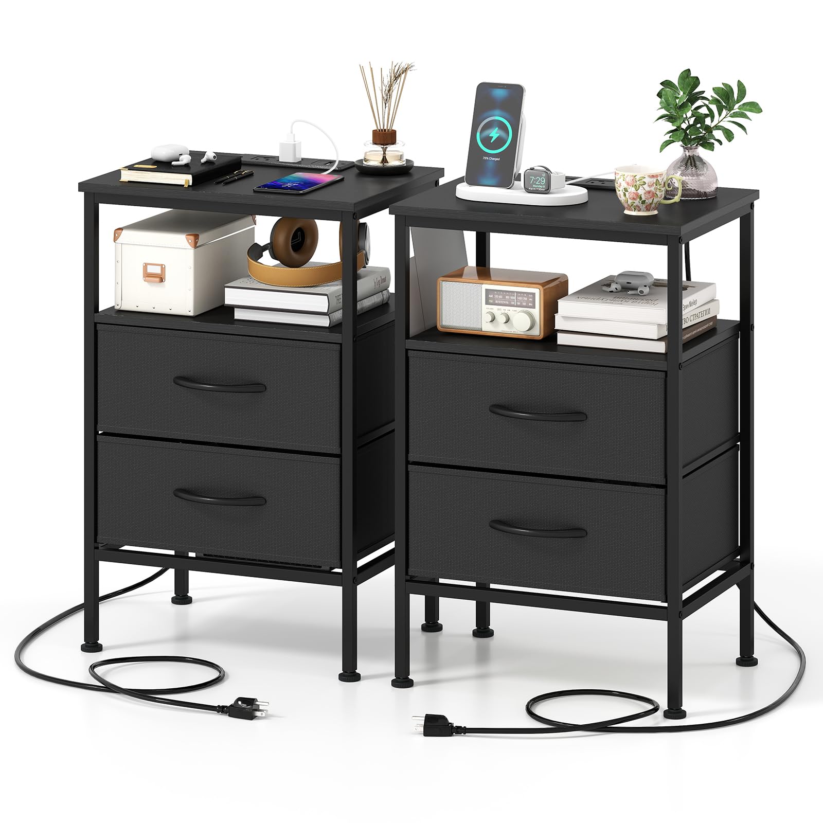 KOMFOTT 1/2 Nightstands with Charging Station 24.5" Modern Bedside Table(2 Drawers)