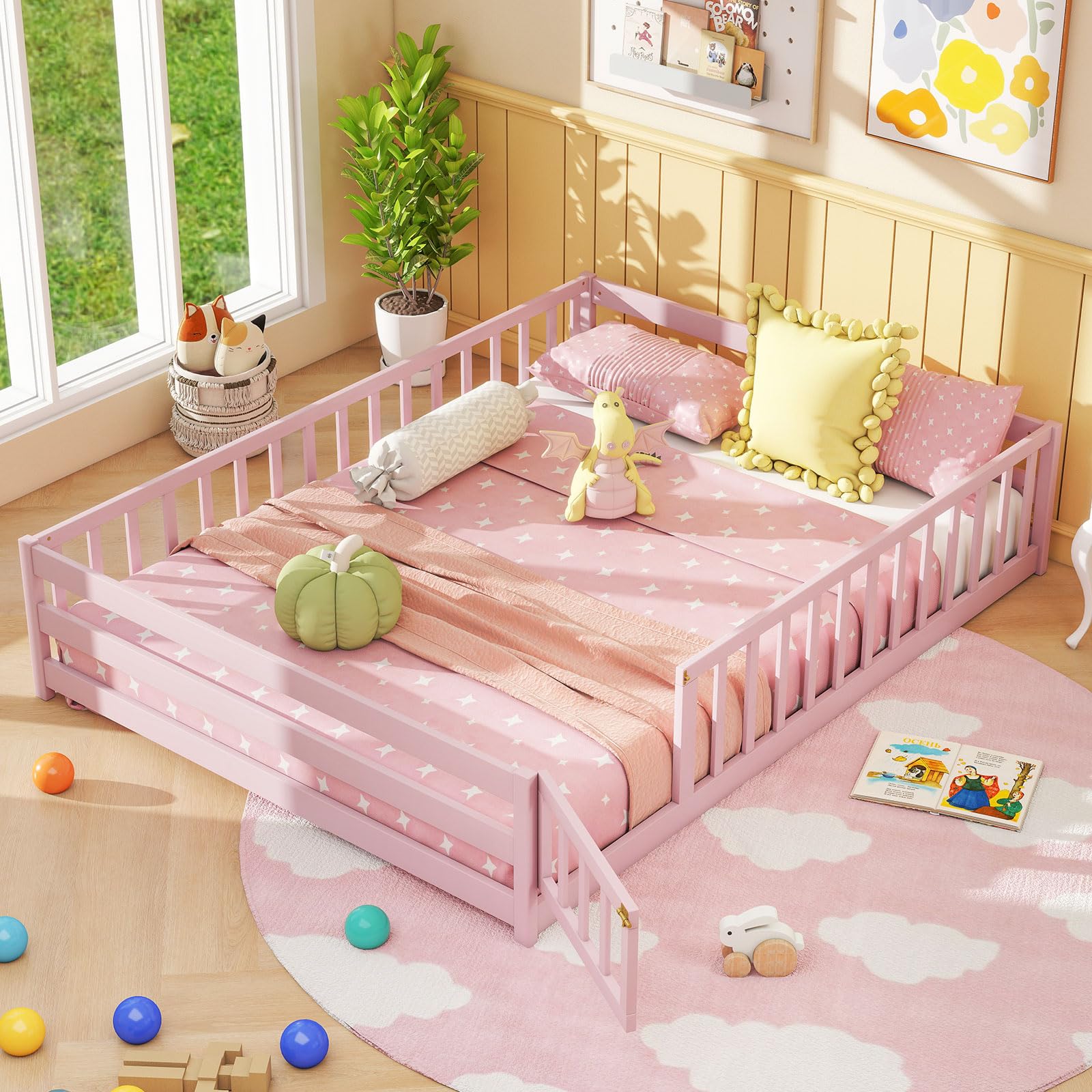 KOMFOTT Twin Floor Bed with Door & Fence, Kids Wood Montessori Bed with Safety Guardrails