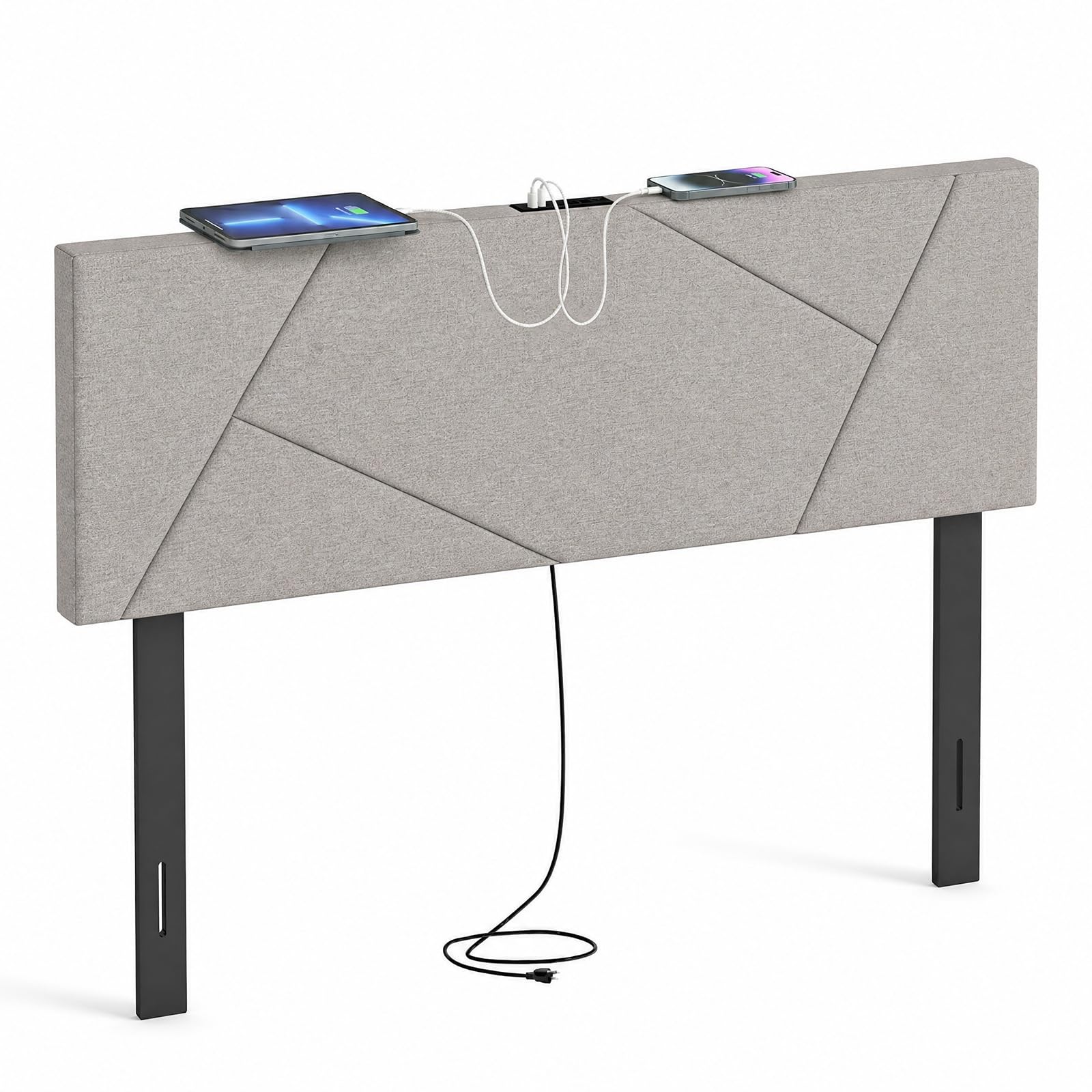 KOMFOTT Upholstered Full & Queen Headboard with Charging Station(Geometric Channel）