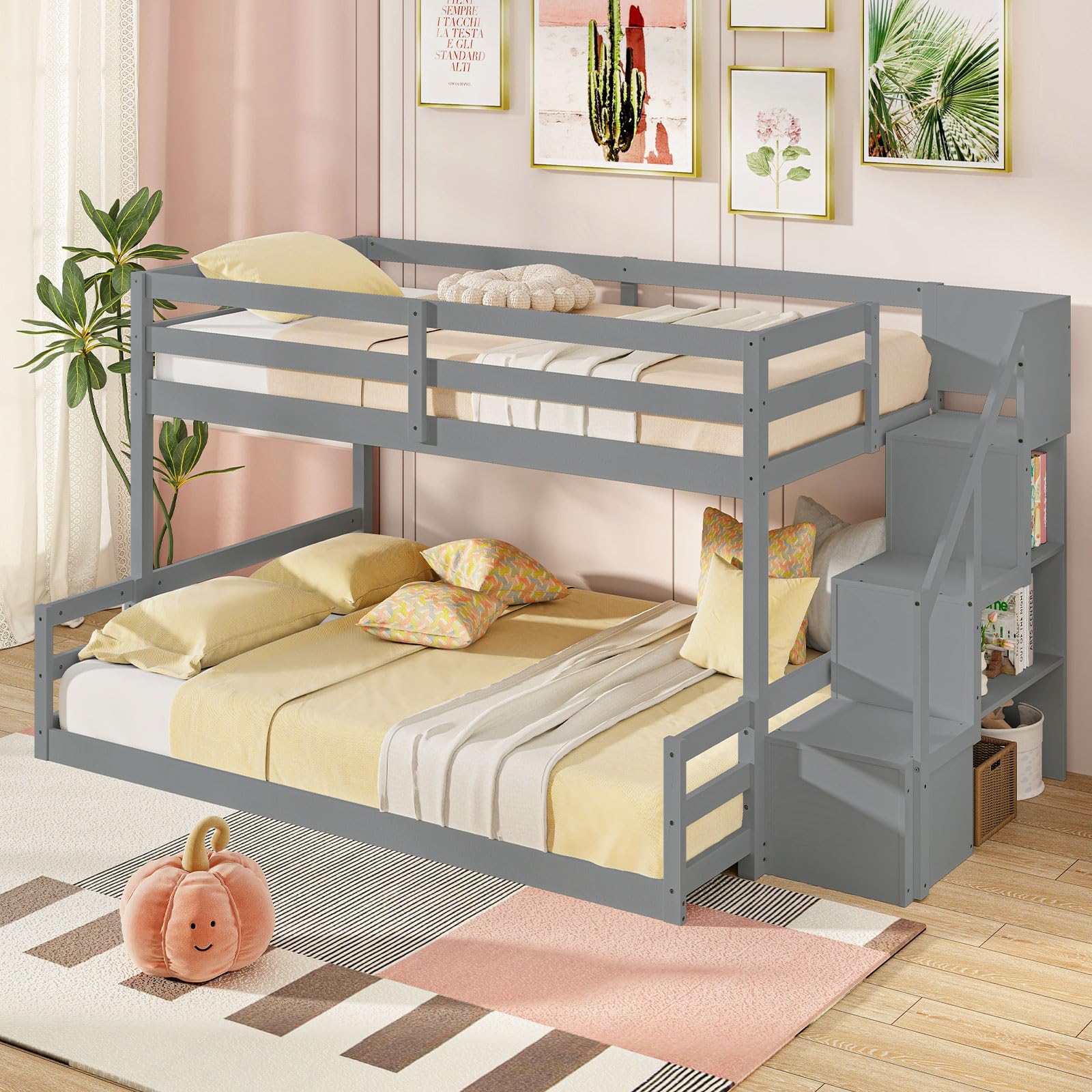 KOMFOTT Bunk Bed with Stairs, Solid Wood Floor Bunk Bed with Storage Staircase & Full-Length Guardrails