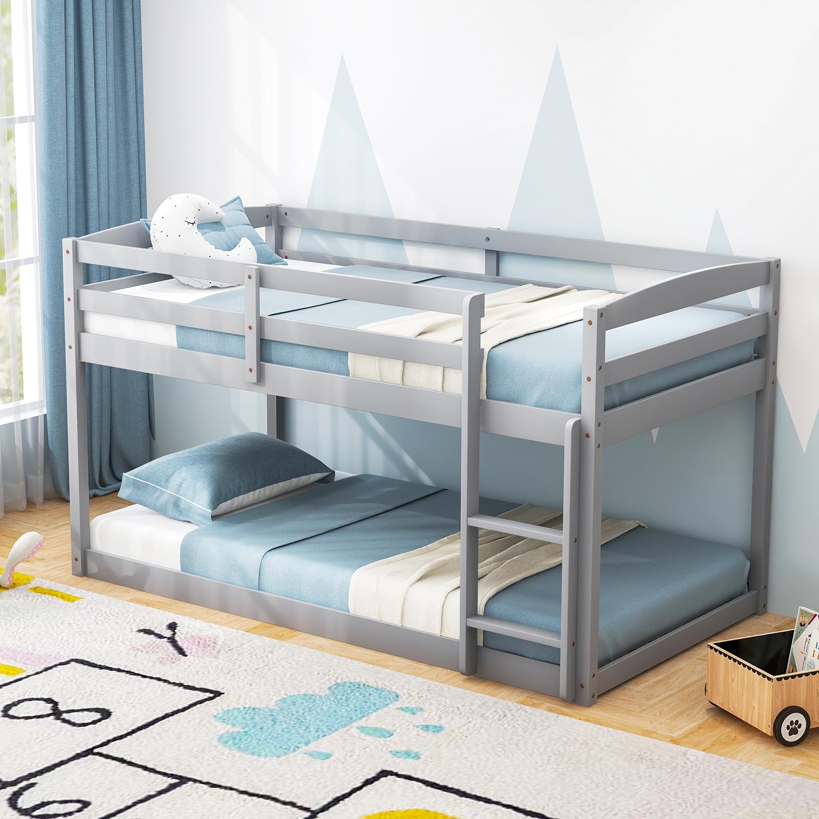 KOMFOTT Twin Over Twin Solid Wood Low Bunk Bed with Full Guardrails & Integrated Ladder