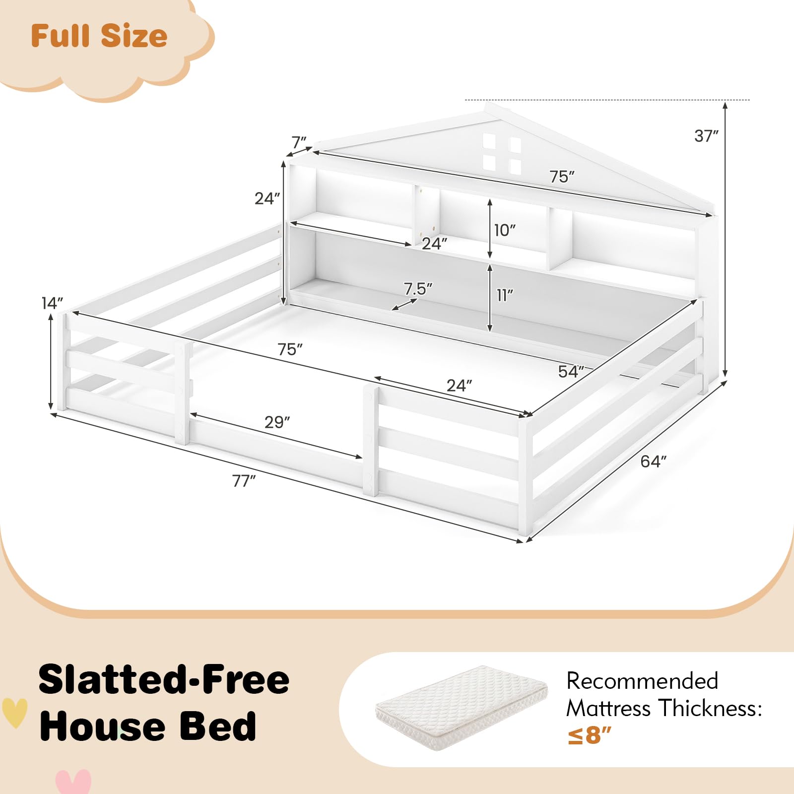 KOMFOTT Twin/Full Floor Bed with Bookcase & LED Light & Fence