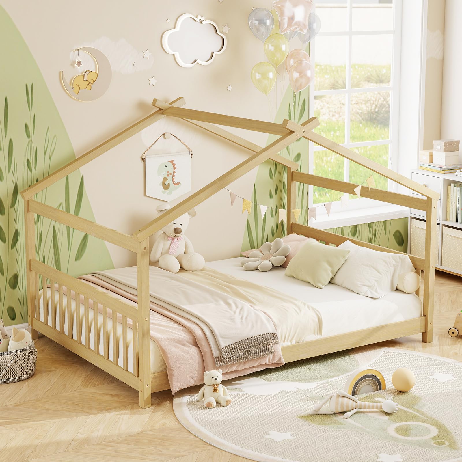 KOMFOTT Twin/Full Size Floor House Bed with Headboard & Footboard