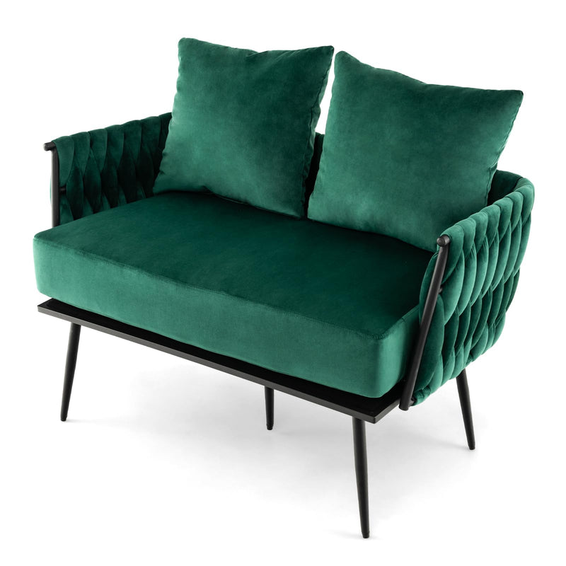 KOMFOTT 43” Loveseat Sofa, Modern Upholstered 2-Seat Sofa with 2 Back Pillows, Woven Backrest & Armrest