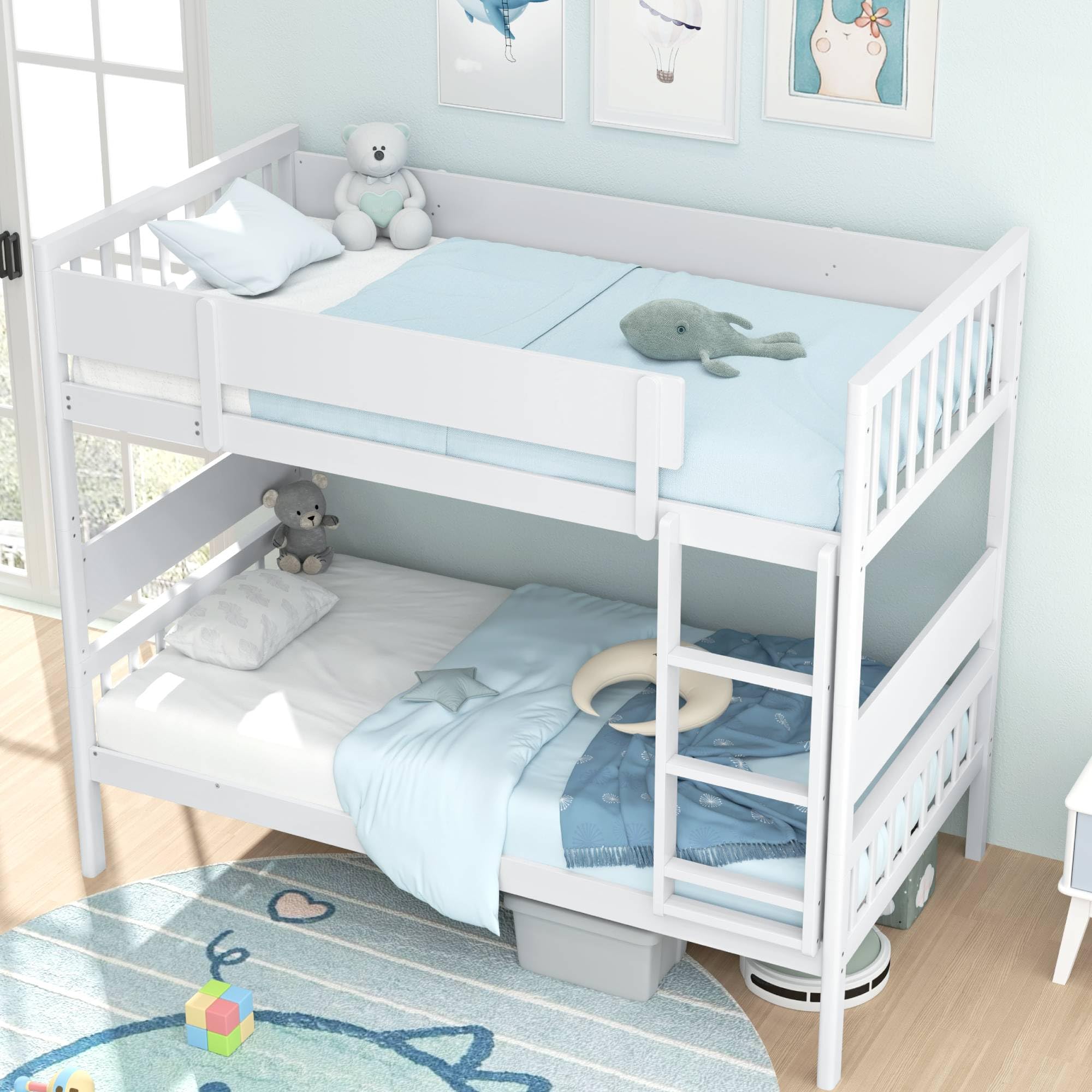 KOMFOTT Wood Twin Over Twin Bunk Bed Convertible Bed Frame