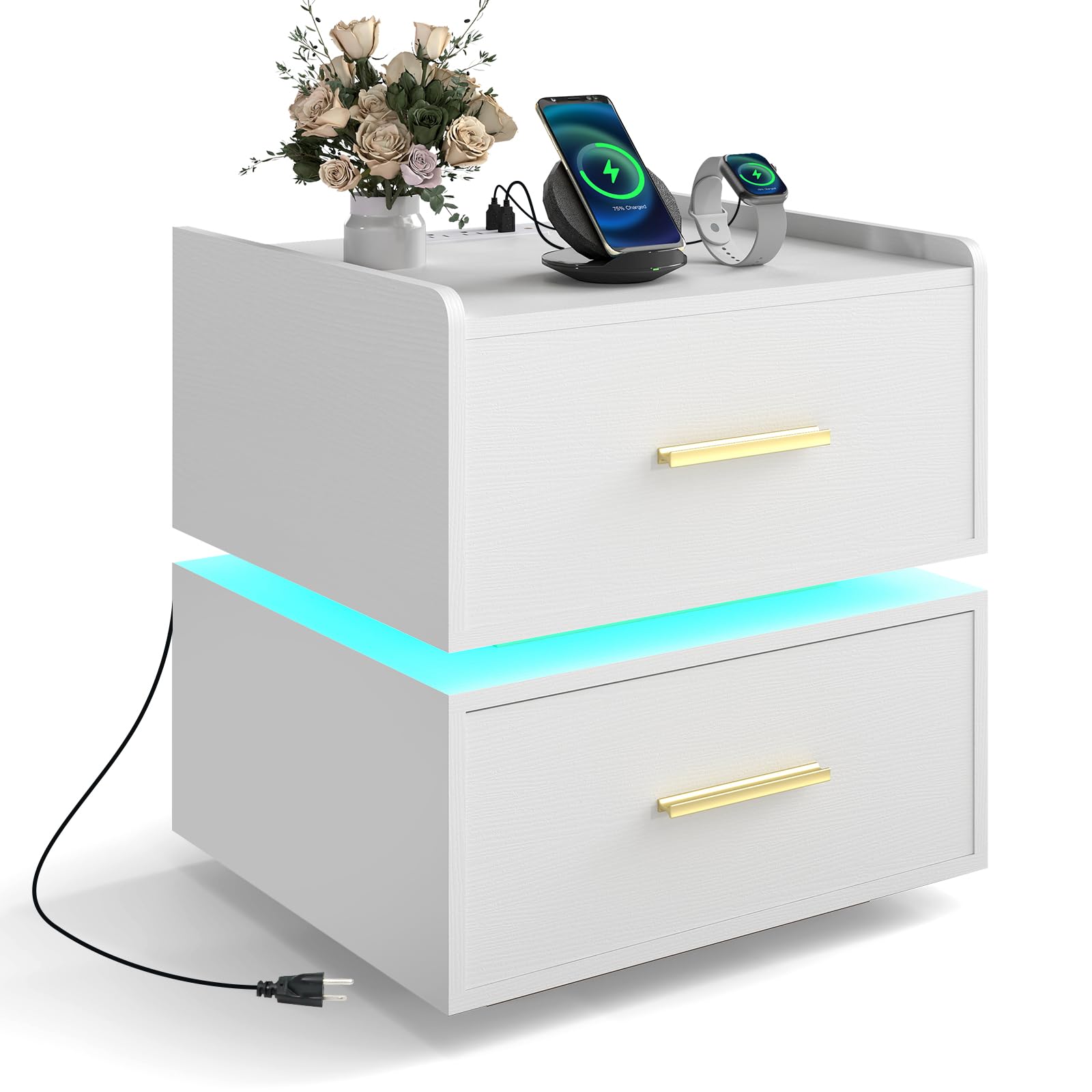 KOMFOTT Nightstand with Charging Station Set of 1/2 LED Bedside Table
