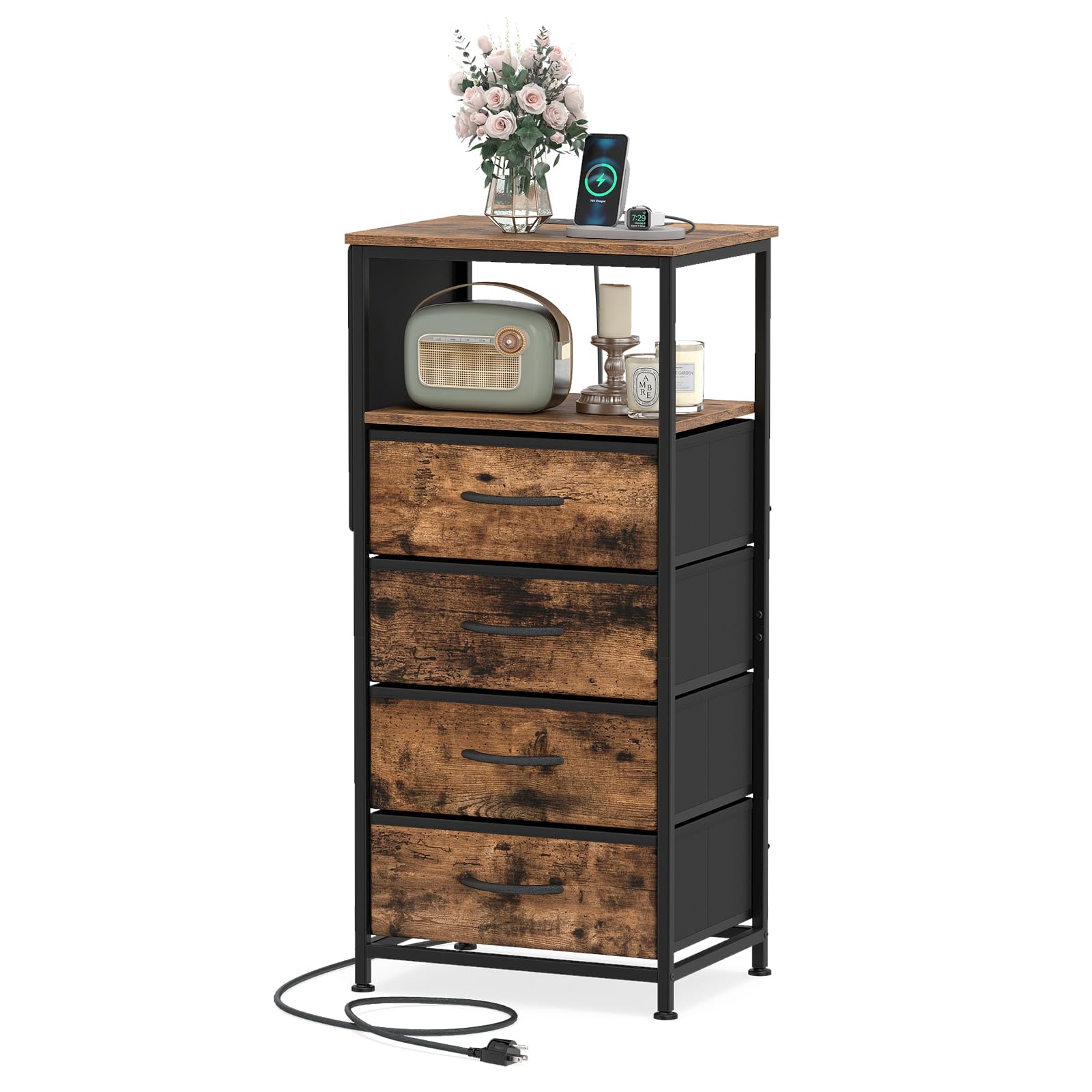 KOMFOTT 1/2 Nightstand with Integrated Charging Station 34" Tall Modern End Table(4 Drawers)