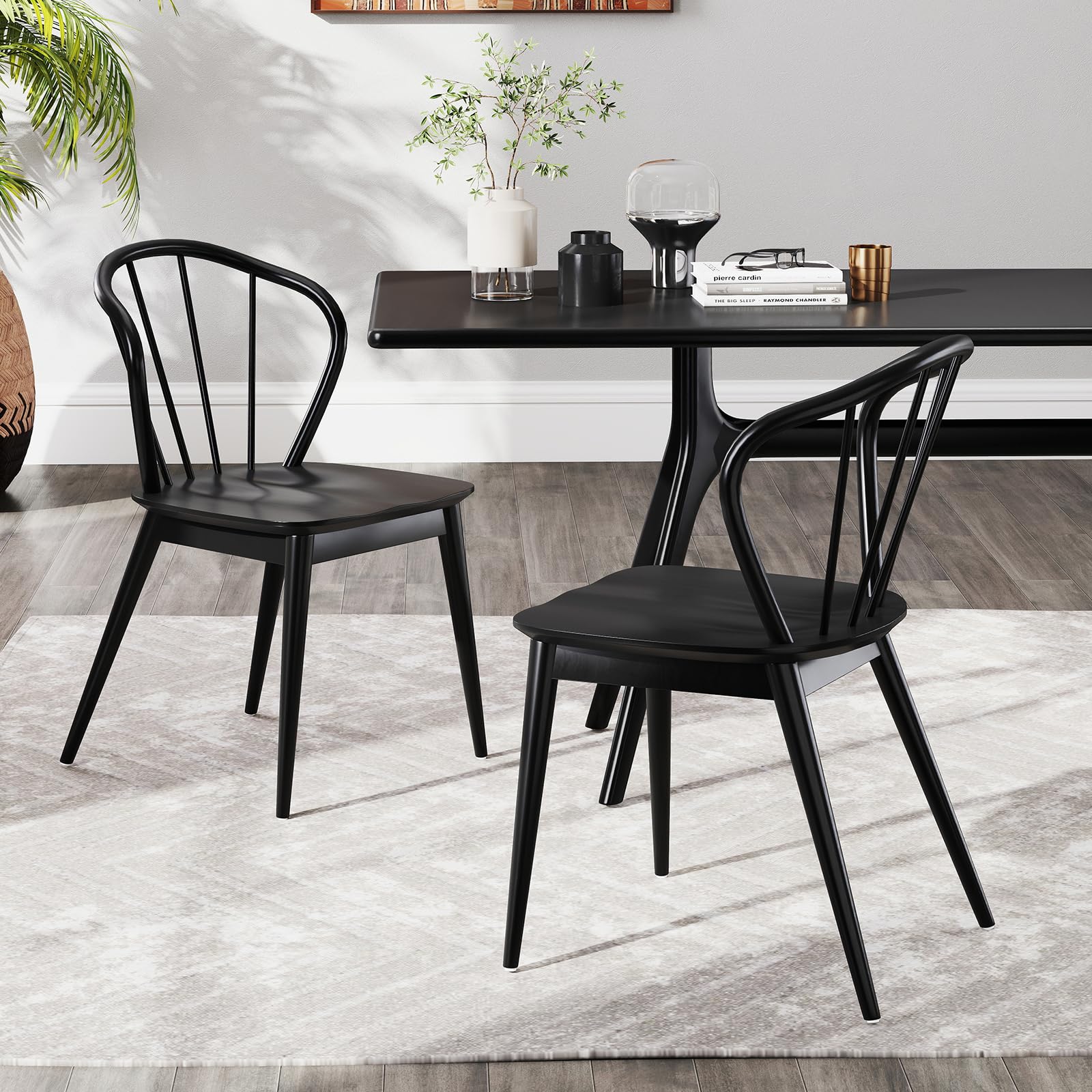 KOMFOTT Wooden Dining Chairs Set of 2/4, Windsor Kitchen Chairs w/High Spindle Back & Rubber Wood Legs, Wide Seat & Curved Backrest