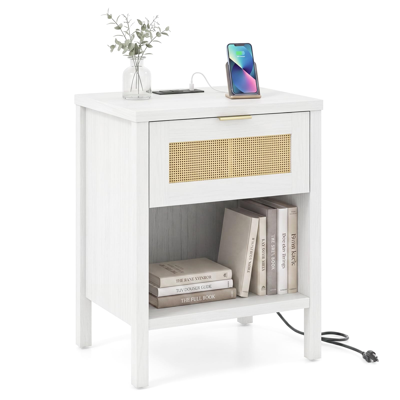 KOMFOTT Rattan Nightstand with Charging Station