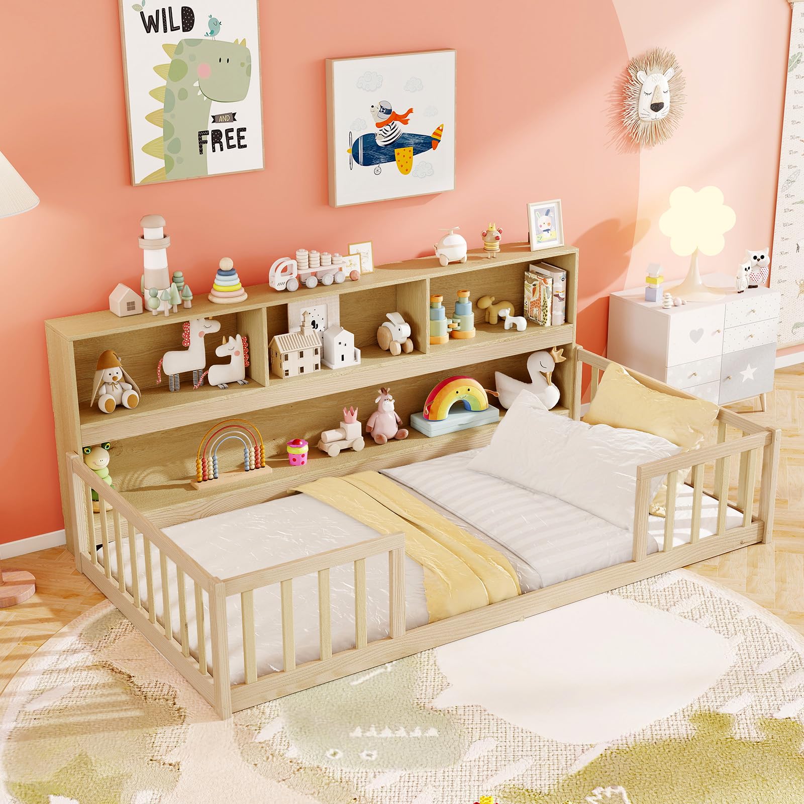 KOMFOTT Floor Bed with Bookcase & Shelves