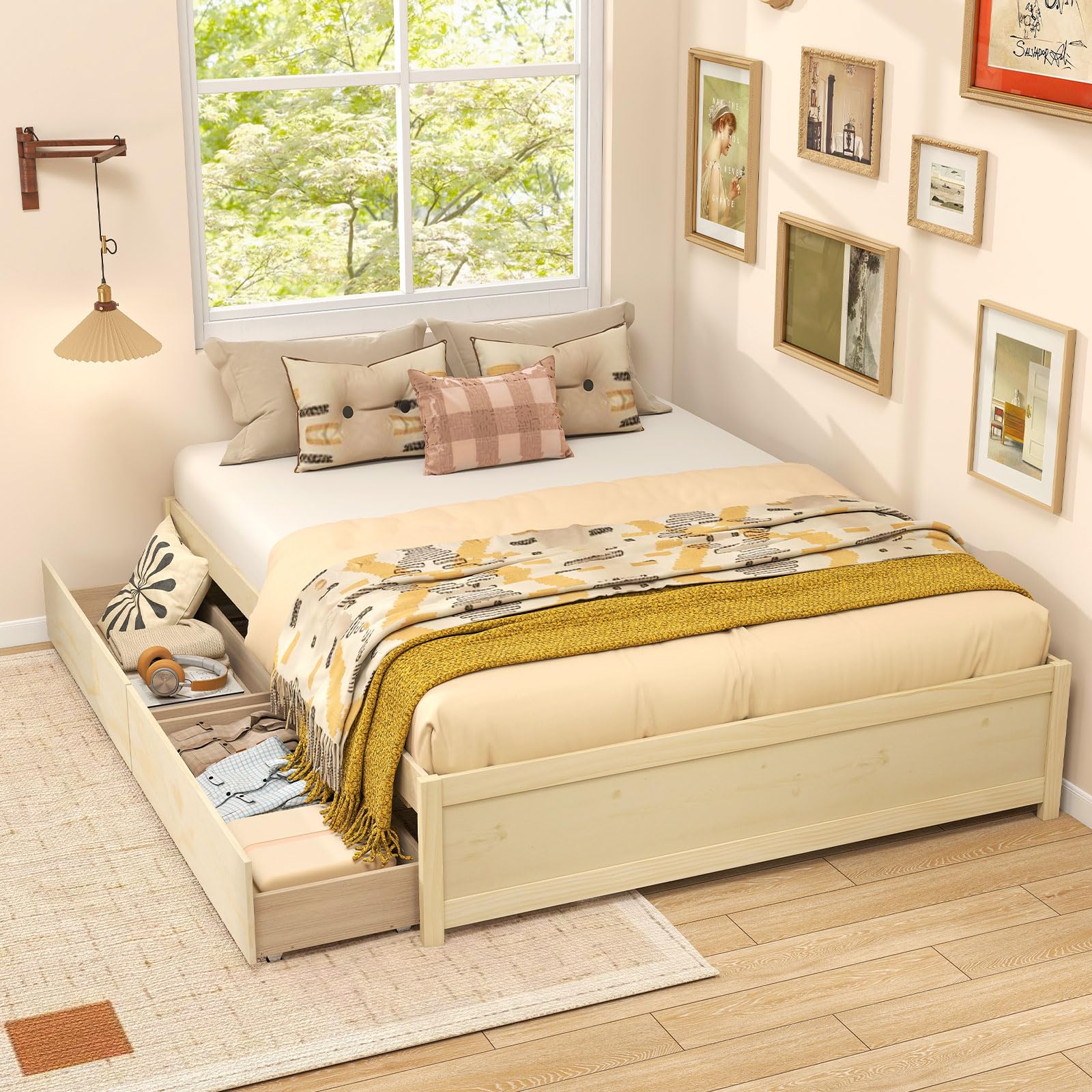 KOMFOTT Bed Frame with 2 Storage Drawers, Solid Wood Platform Bed with Slats Support