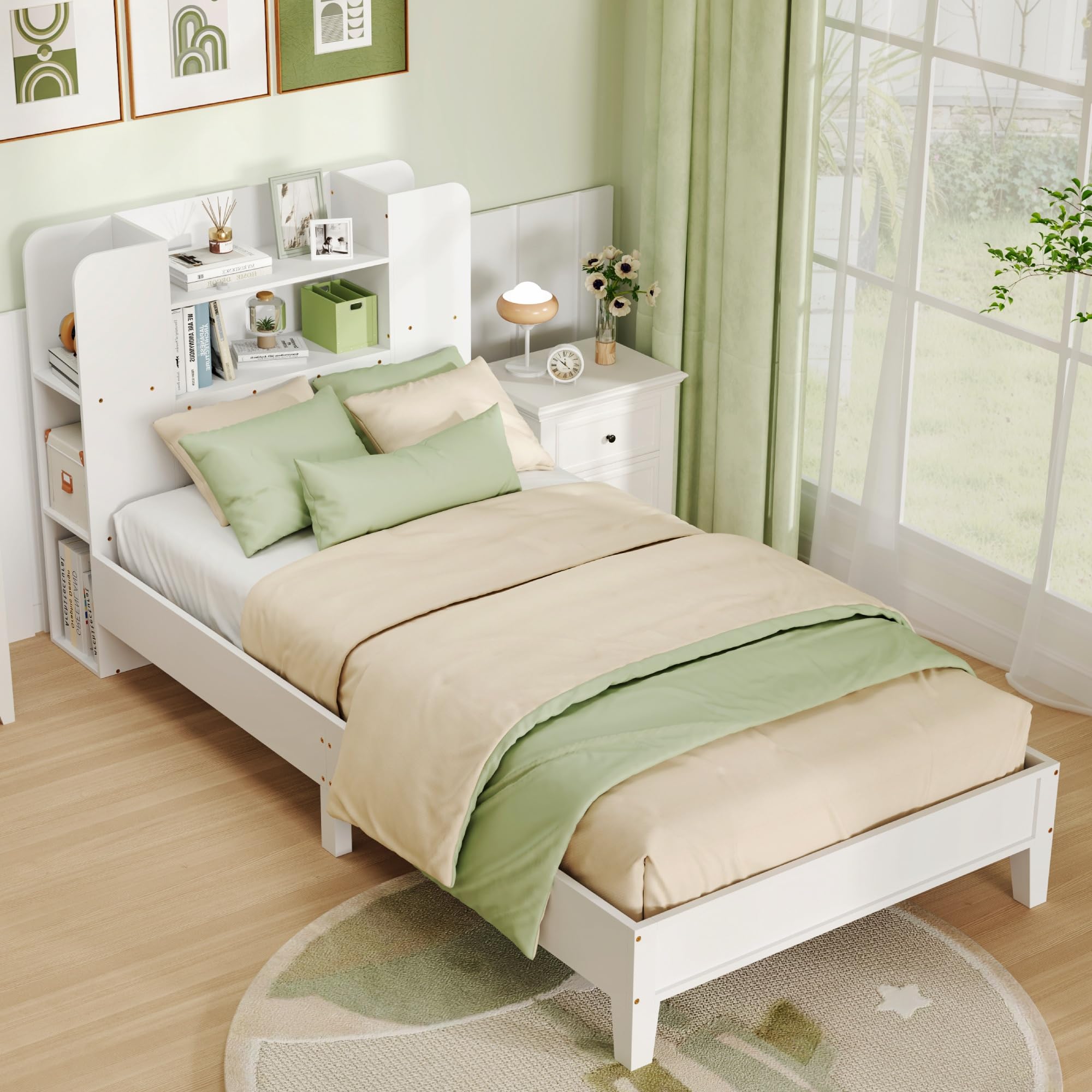 KOMFOTT Twin Wood Platform Bed Frame with Bookcase Headboard