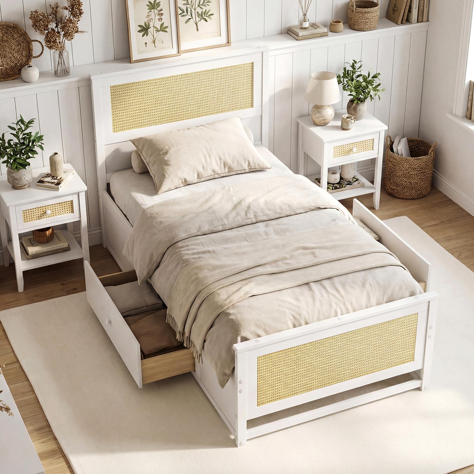 KOMFOTT Rattan Bed Frame with 2 Storage Drawers