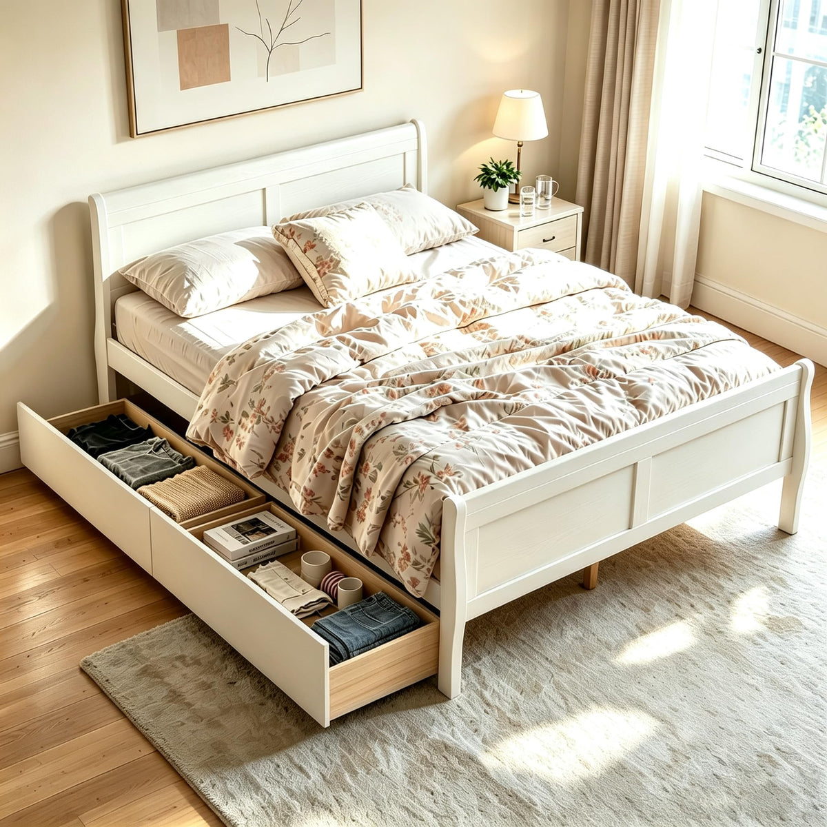 KOMFOTT Twin Size Sleigh Wood Bed Frame with 2 Storage Drawers