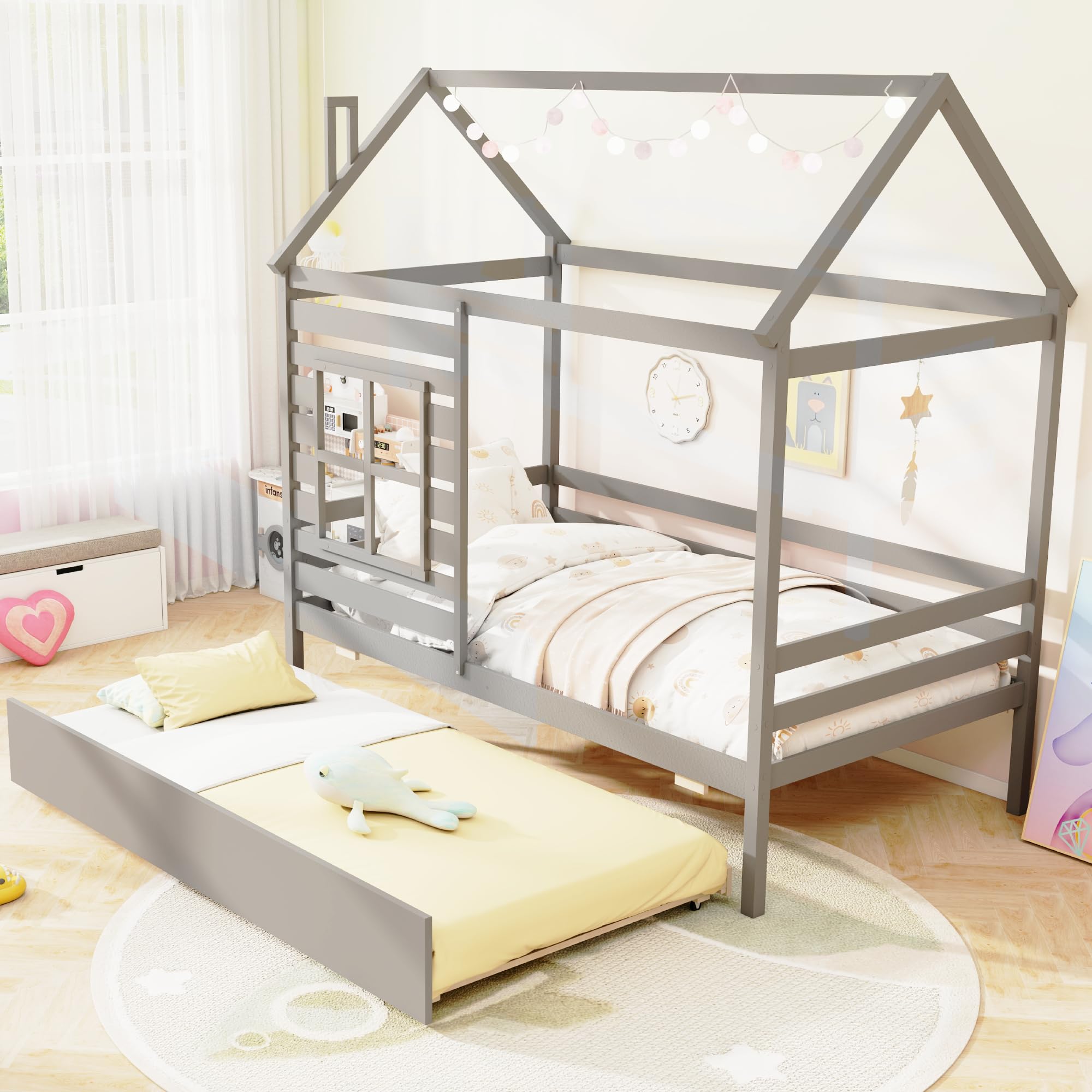 KOMFOTT Wood Twin House Bed with Trundle