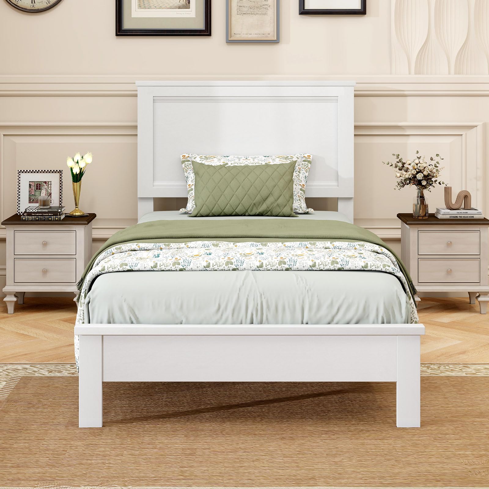 KOMFOTT Mid-Century Modern Platform Bed with Headboard, Solid Wood Legs