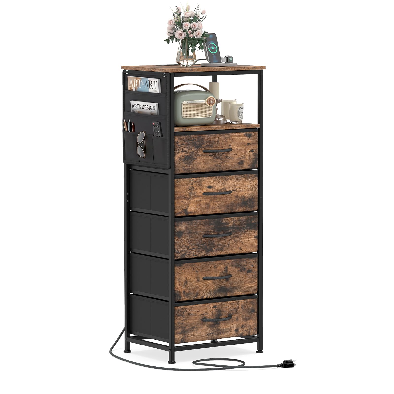 KOMFOTT 1/2 Nightstand with Integrated Charging Station 39" Tall Modern End Table(5 Drawers)