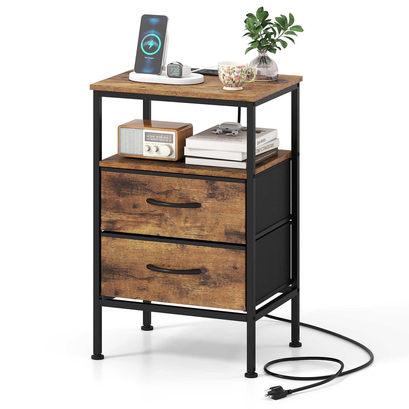 KOMFOTT 1/2 Nightstands with Charging Station 24.5" Modern Bedside Table(2 Drawers)