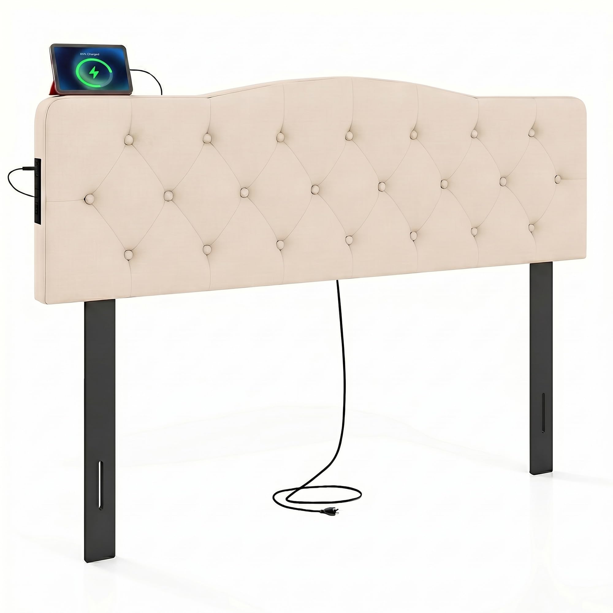 KOMFOTT Modern Headboard with Charging Station for Queen & Full Bed(Curved Button Tufted)