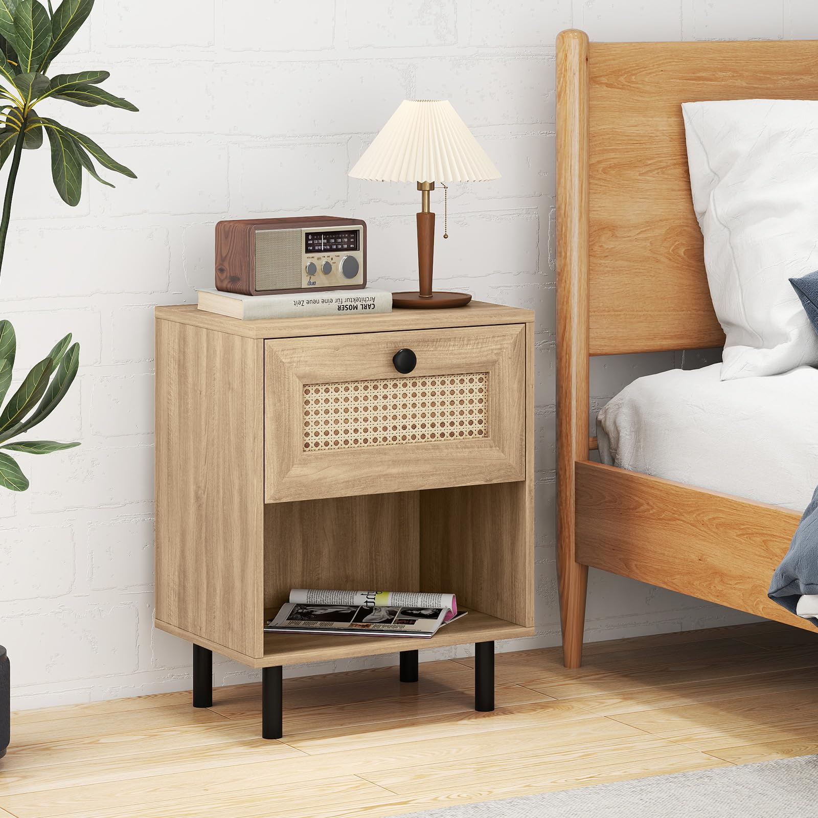 KOMFOTT Rattan Nightstand with Drawer Boho Bedside Table