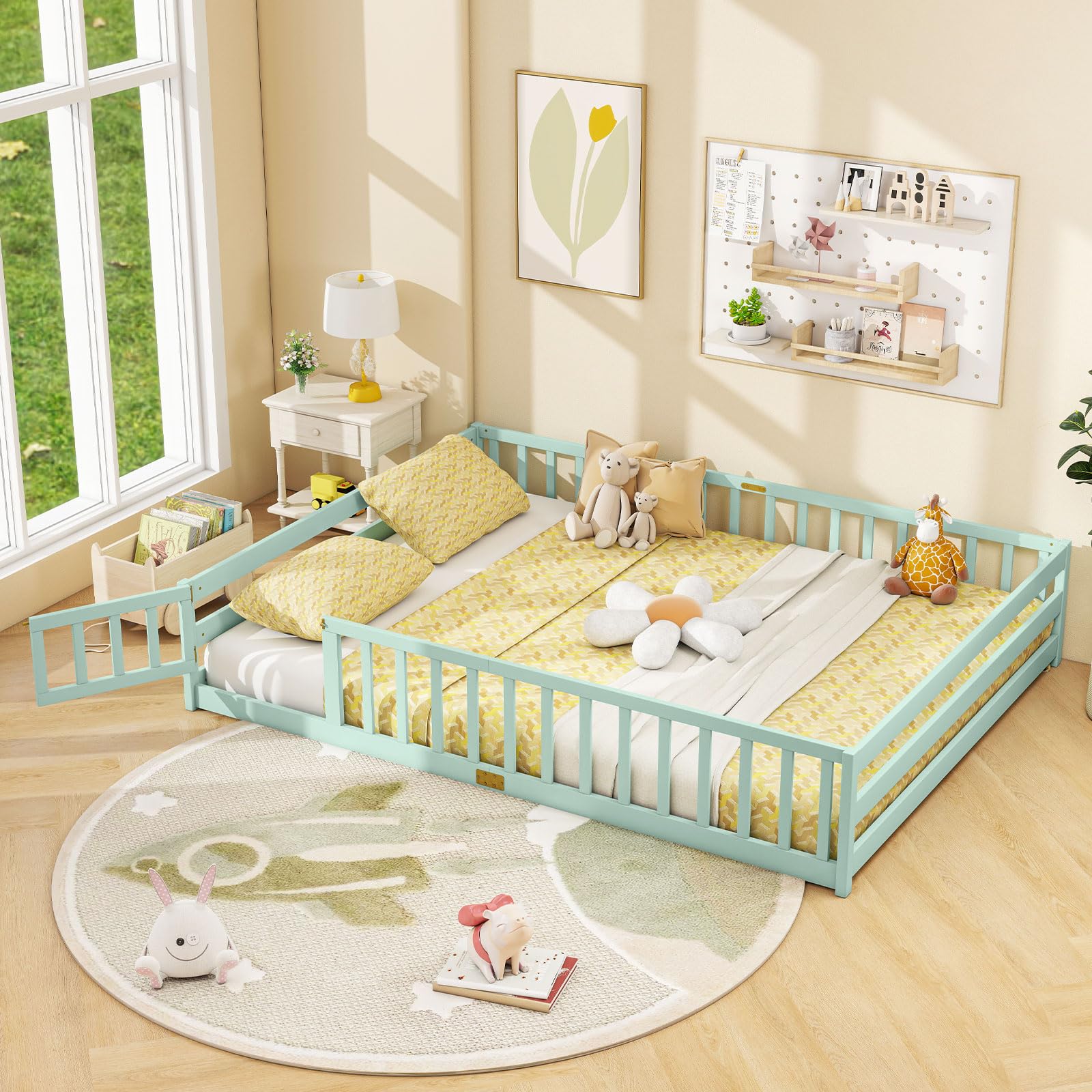 KOMFOTT Twin Floor Bed with Door & Fence, Kids Wood Montessori Bed with Safety Guardrails