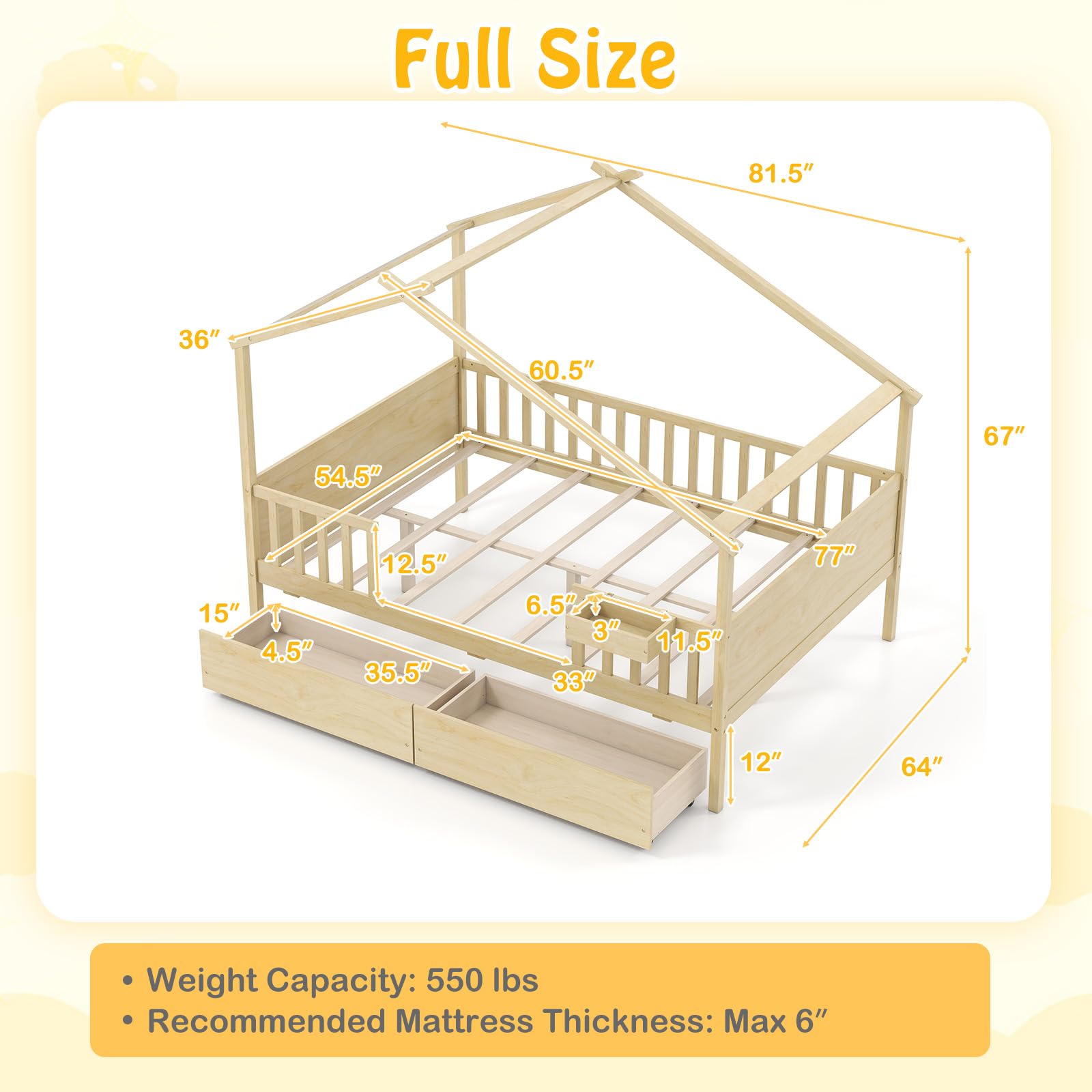 KOMFOTT Full Size House Bed for Kids with 2 Rolling Drawers & Roof & Fence Rails