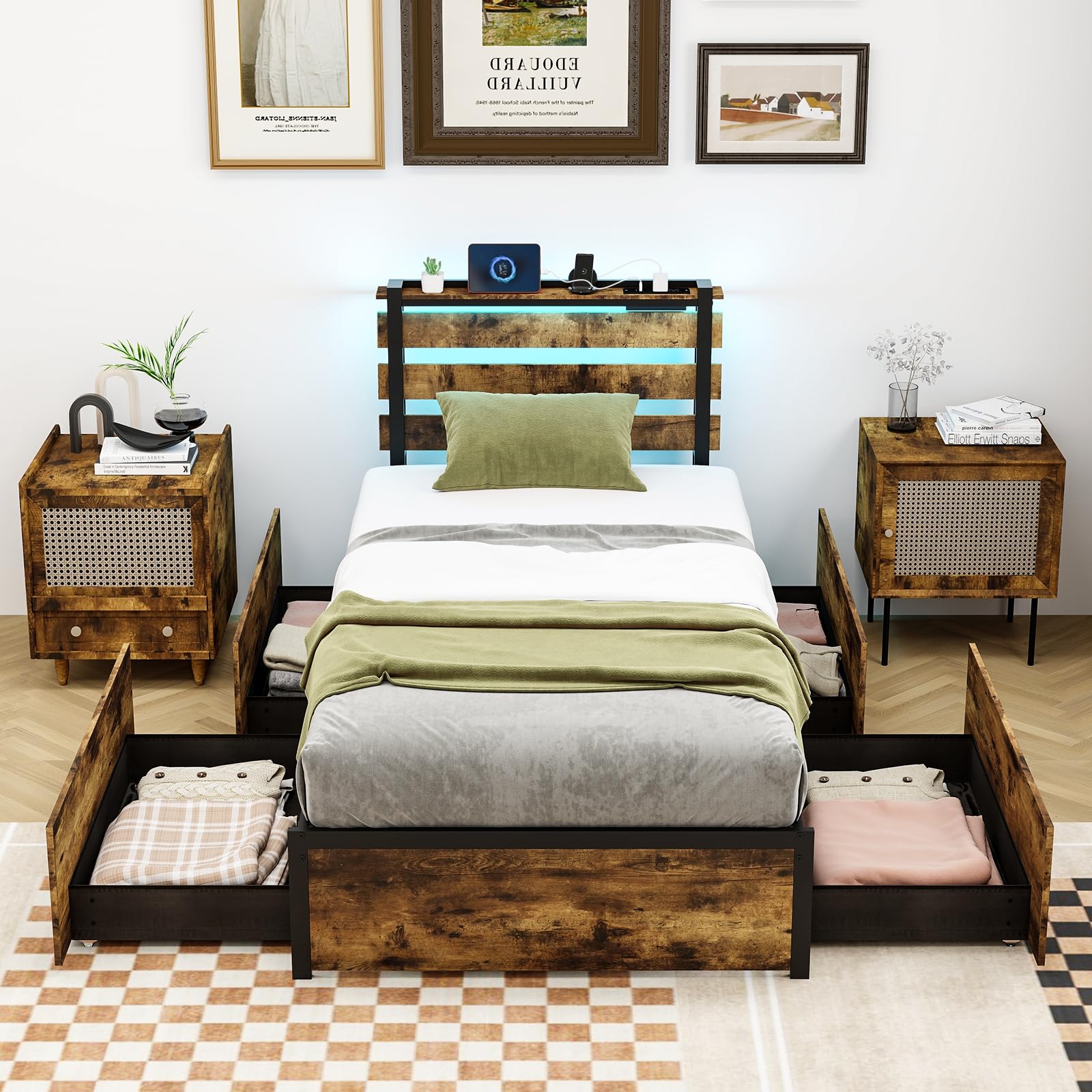 KOMFOTT Industrial Bed Frame with 4 Drawers & LED Lights Headboard