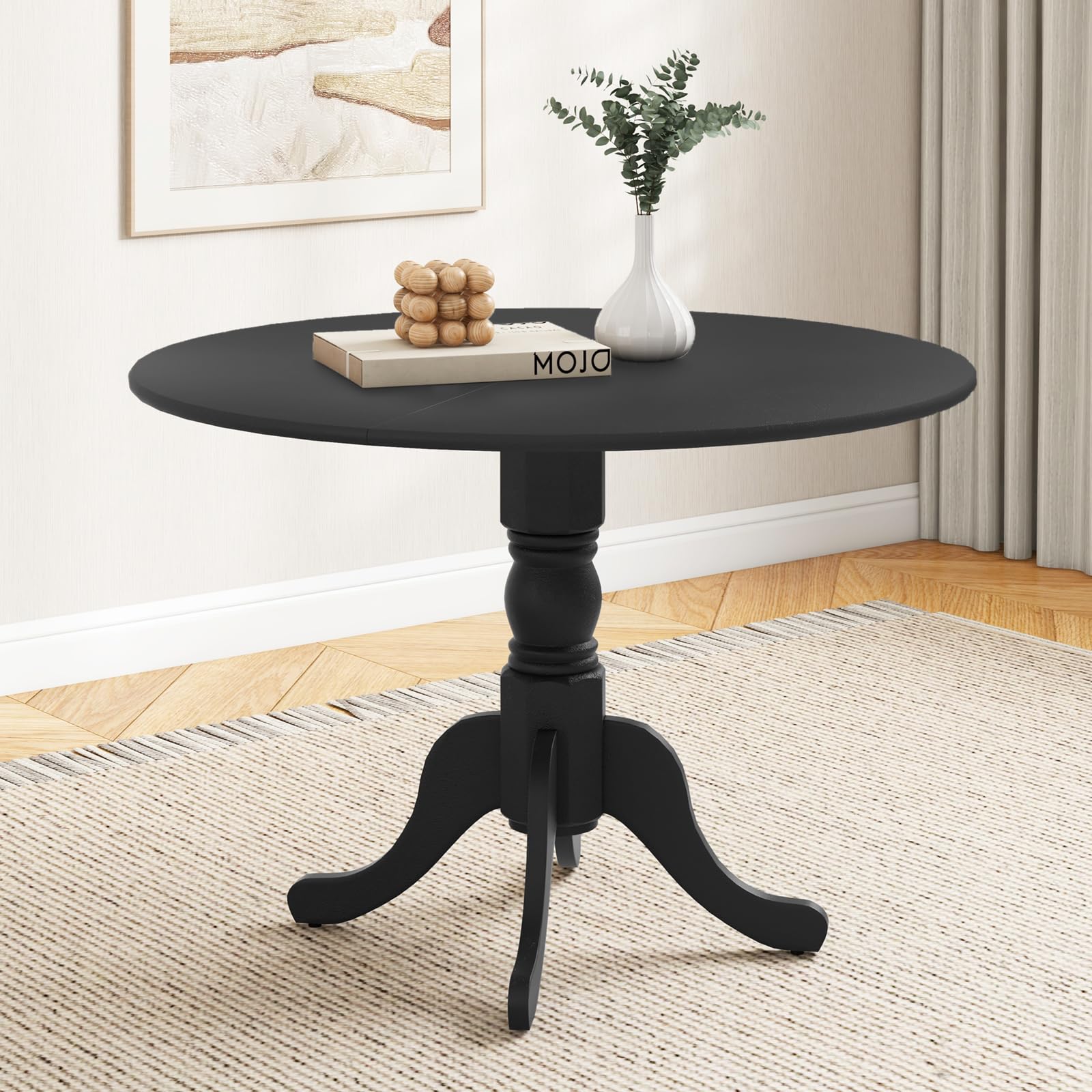 KOMFOTT Wood Round Dining Table for 4 People with Round Tabletop & Curved Trestle Legs