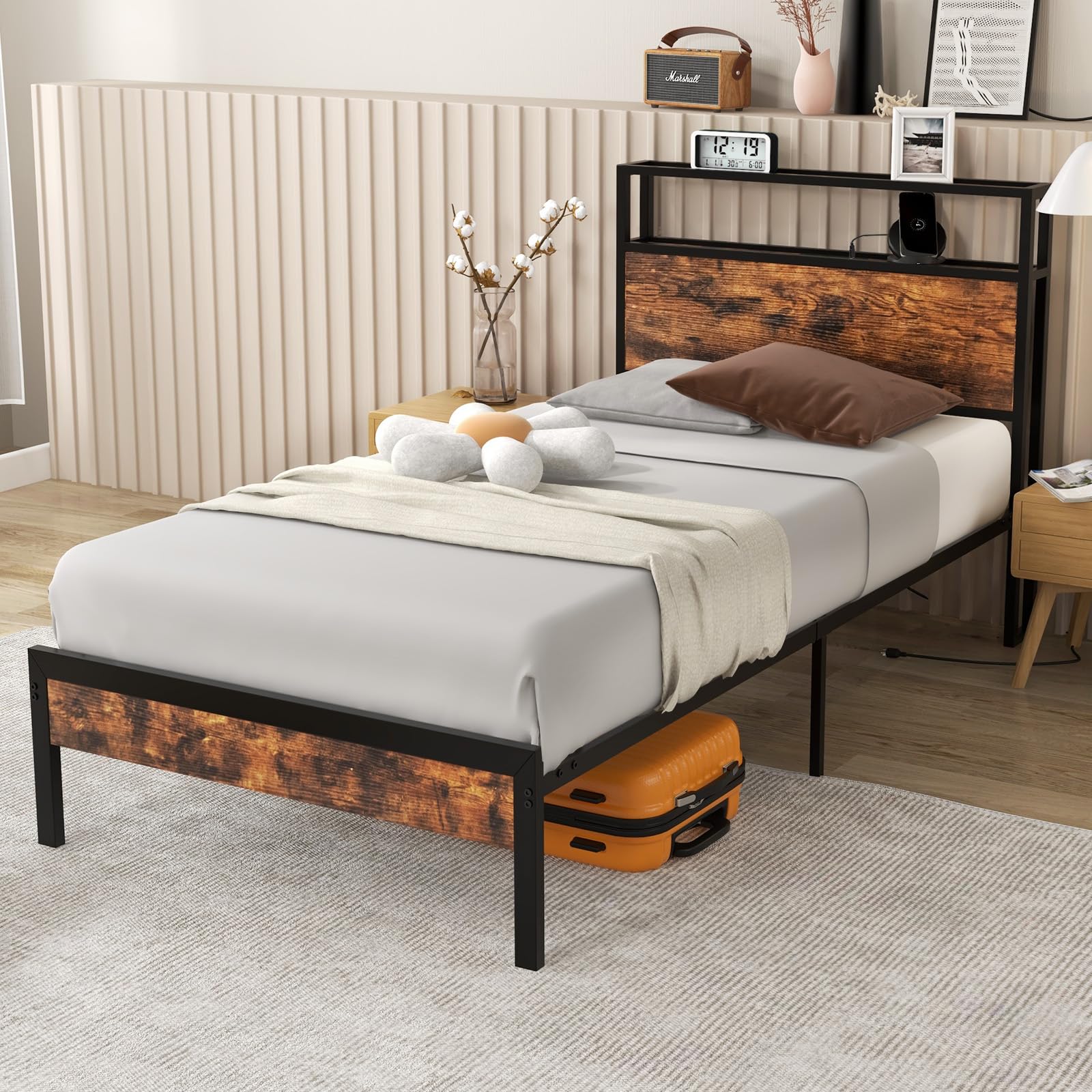 KOMFOTT Industrial Bed Frame with 2-Tier Storage Headboard & Charging Station