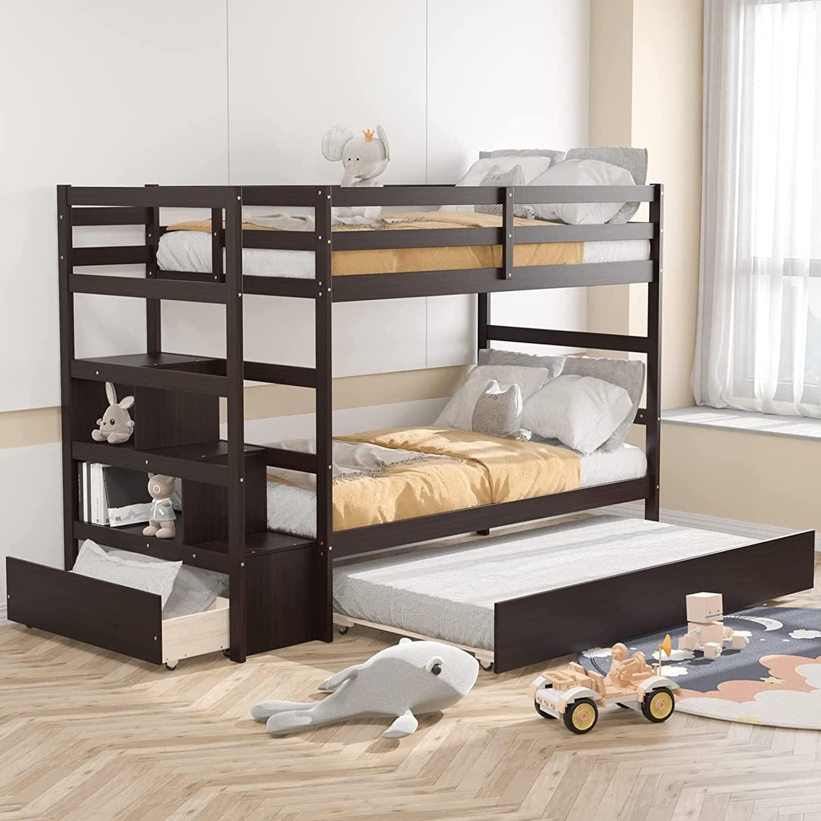 KOMFOTT Twin Over Twin Bunk Bed with Trundle & Staircase, Storage Shelves & Drawer