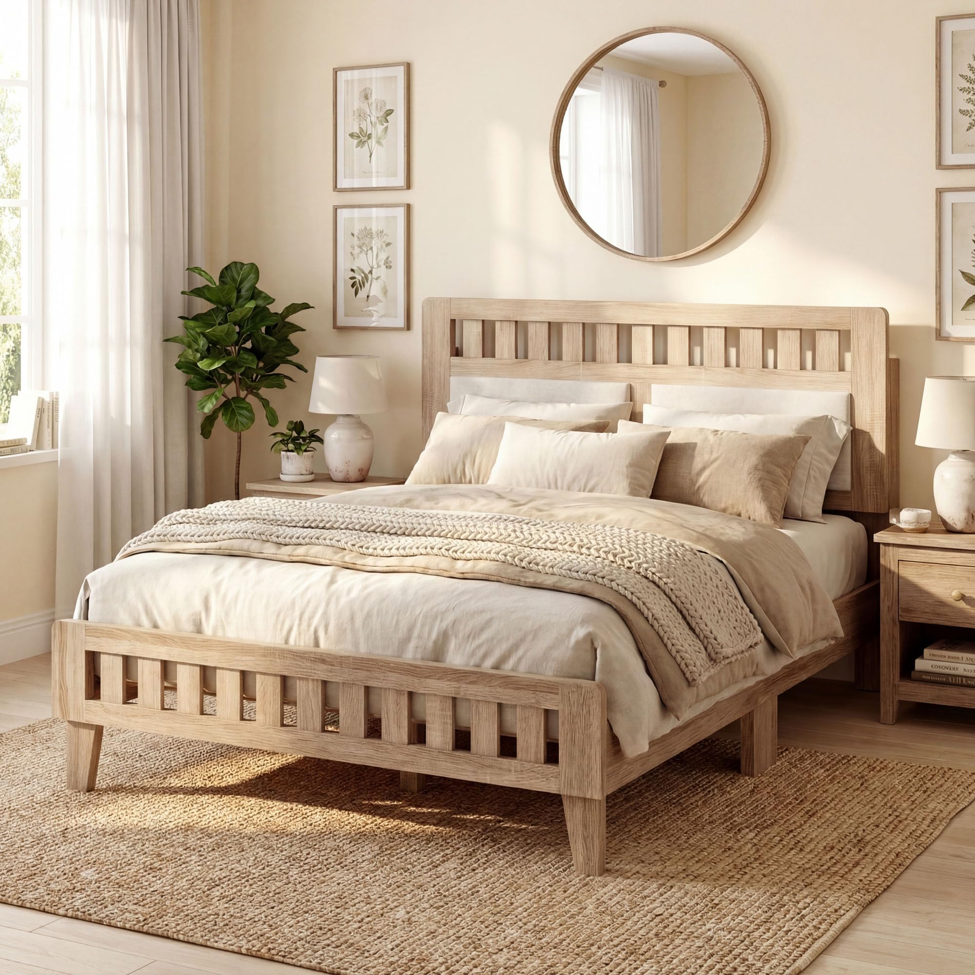KOMFOTT Full/Twin/Queen Wood Bed Frame with Upholstered Headboard