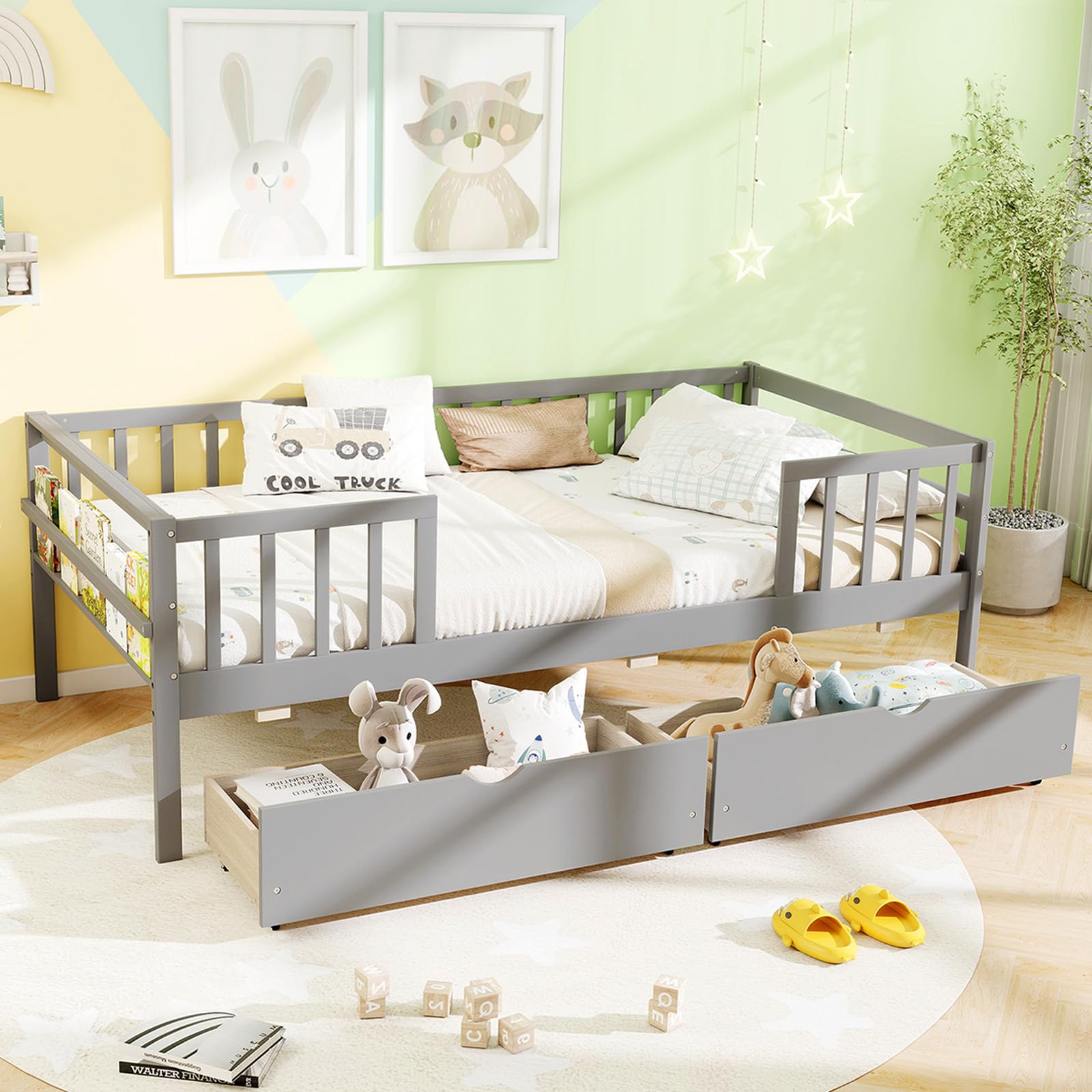 KOMFOTT Wood Twin Bed Frame with Fence Rails & 2 Pull-Out Drawers