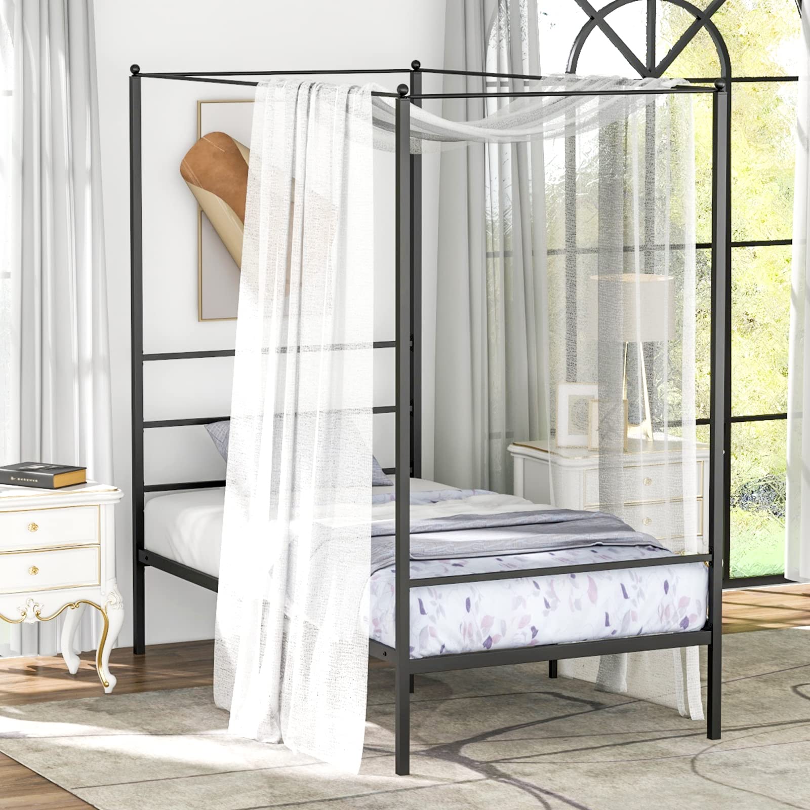 KOMFOTT Metal Canopy Bed Frame King Size Modern 4 Poster Canopied Platform Bed