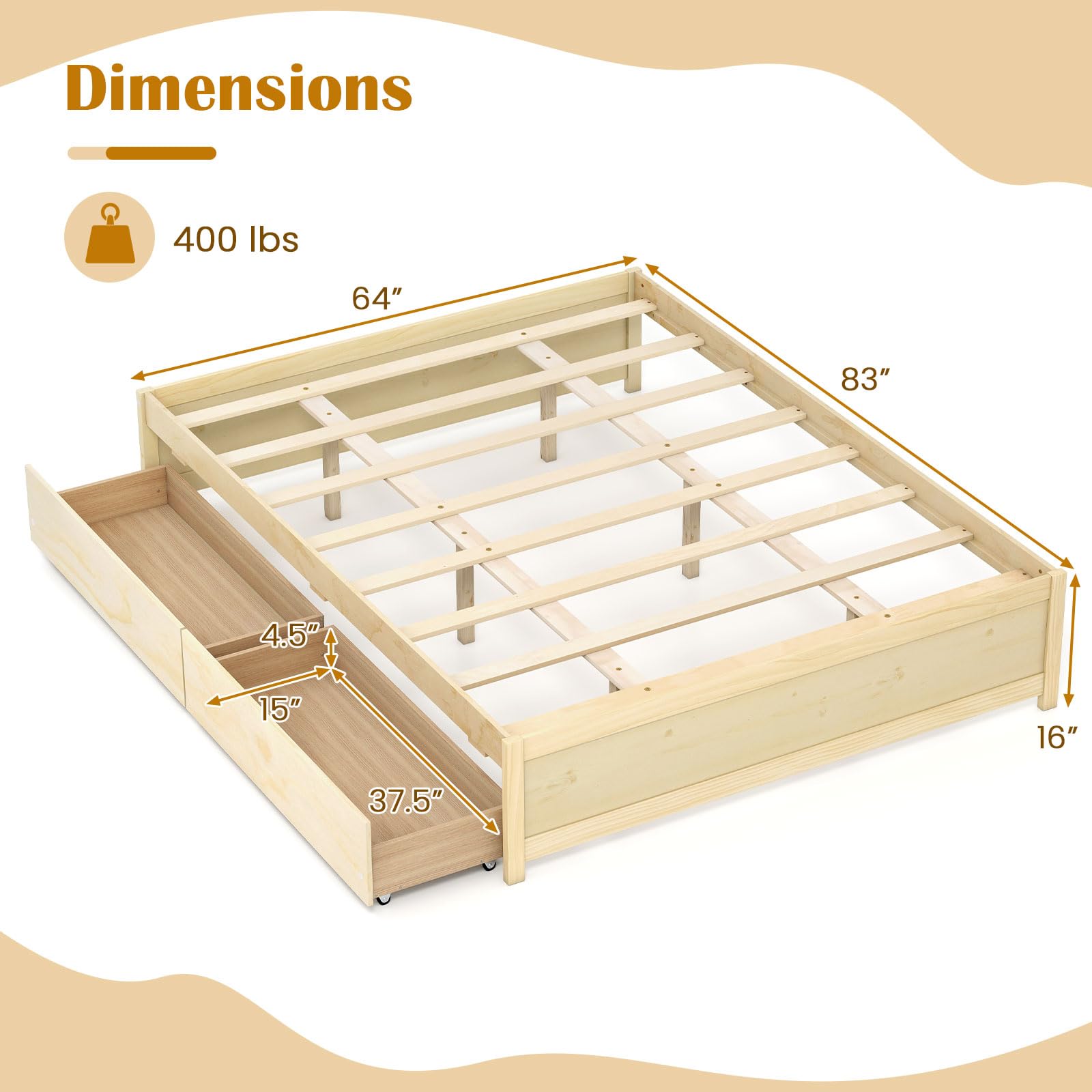 KOMFOTT Bed Frame with 2 Storage Drawers, Solid Wood Platform Bed with Slats Support