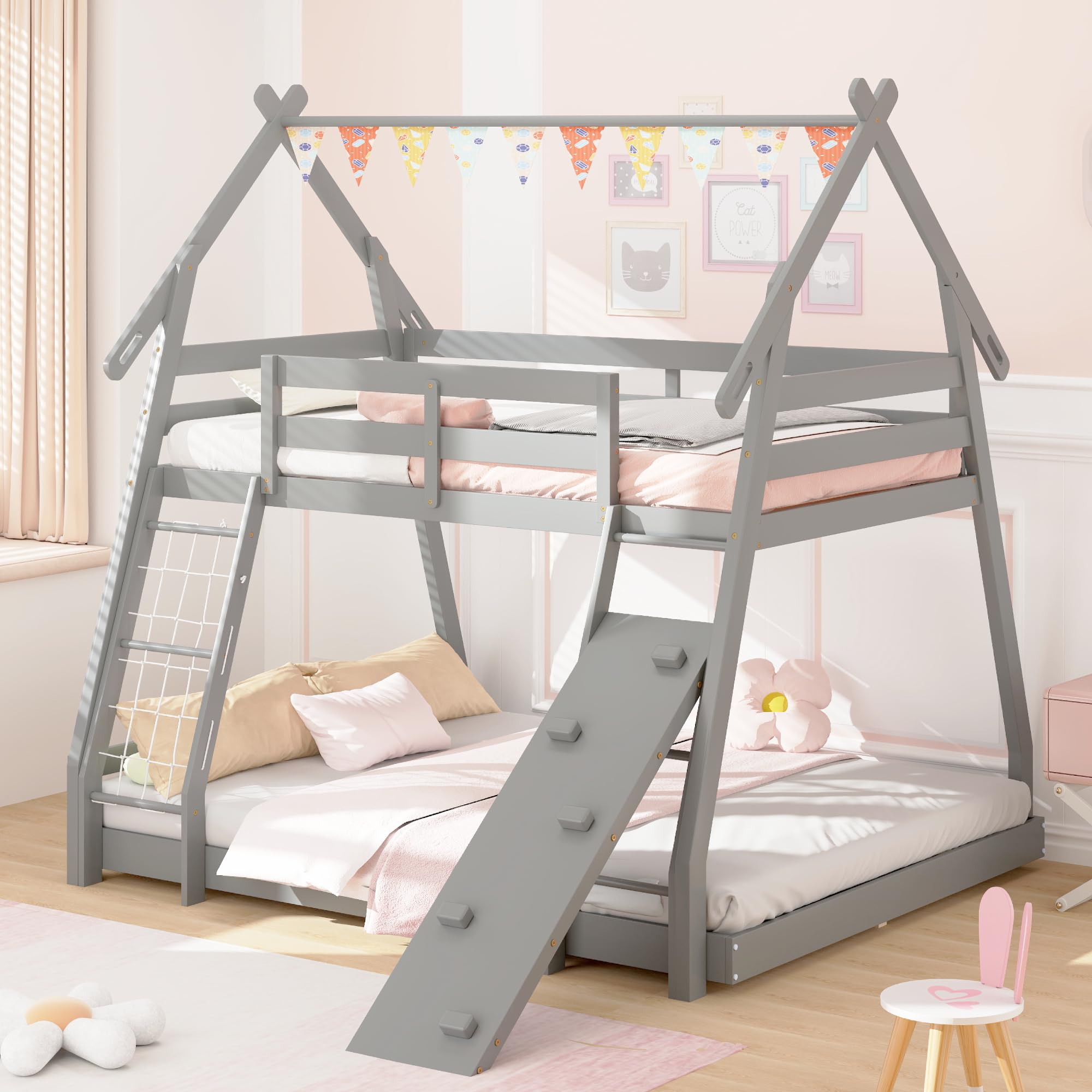 KOMFOTT Wood Twin Over Queen House Bunk Bed